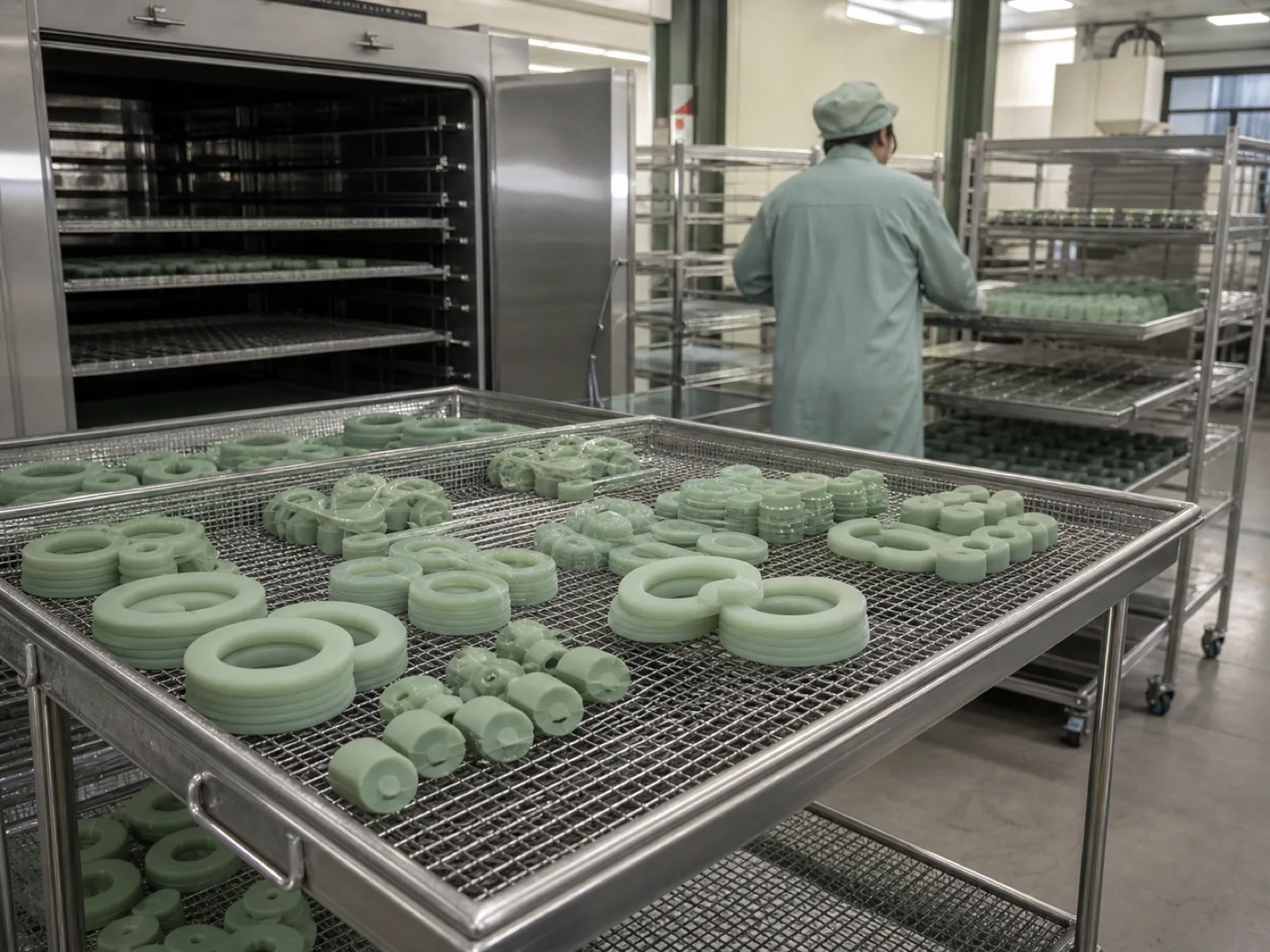 Wetop Silicone post-cure oven and secondary-process workshop — silicone parts on inspection racks after the mandatory 4-6 hour cycle at 180-200°C that unlocks LFGB §30/31 compliance