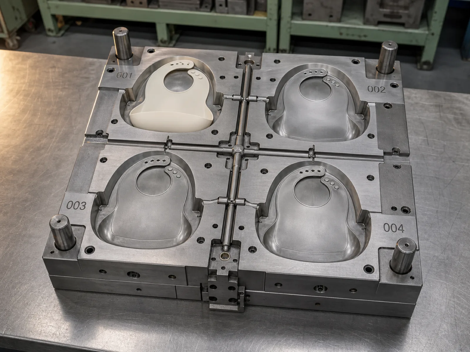Four-cavity steel injection mold for a platinum-cured silicone bib SKU with cavity ID 001-004 engraved on the parting-line flat, sprue and runner system visible, matte cream silicone flash trimmed to the parting line — Wetop tool-room shot.