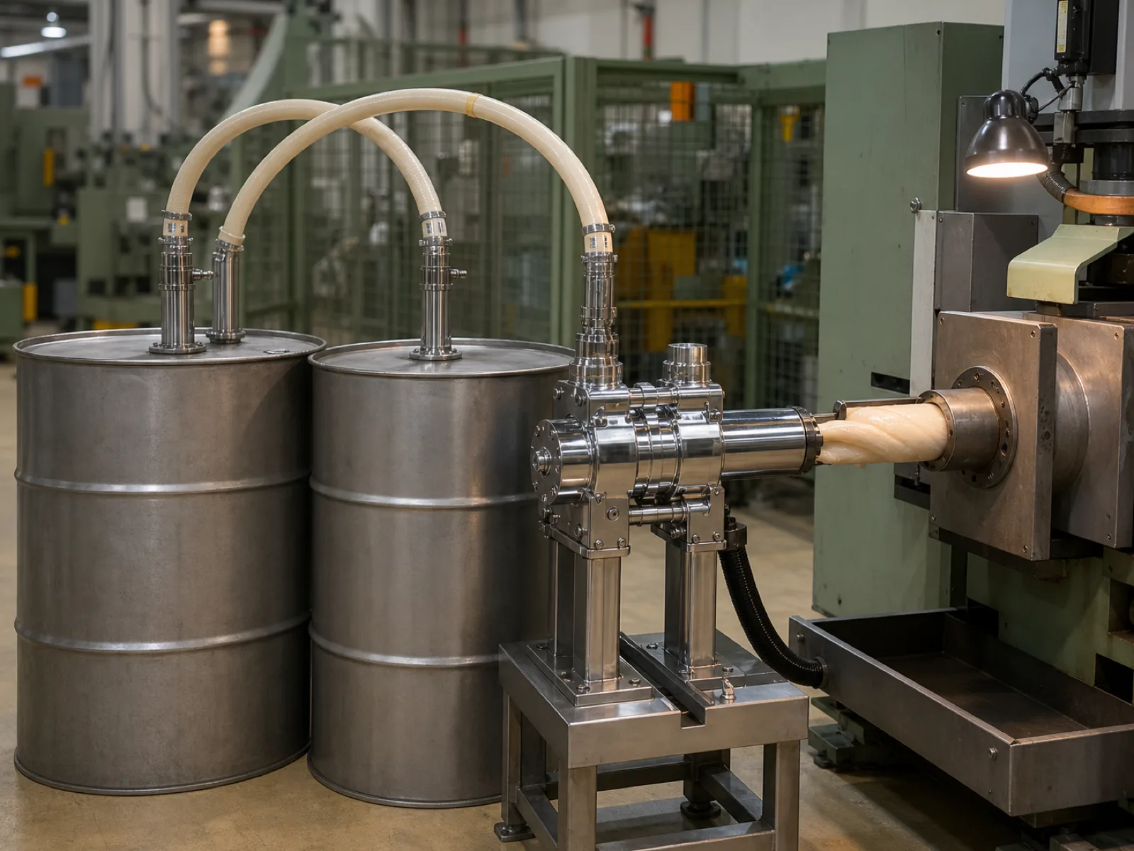 Platinum-cured liquid silicone rubber (LSR) compound being loaded into a Wetop injection machine barrel for a food grade silicone bib production run — labeled 55-gallon A/B drums from Dow visible at the feed line, matte cream compound extruding through the metering pump.