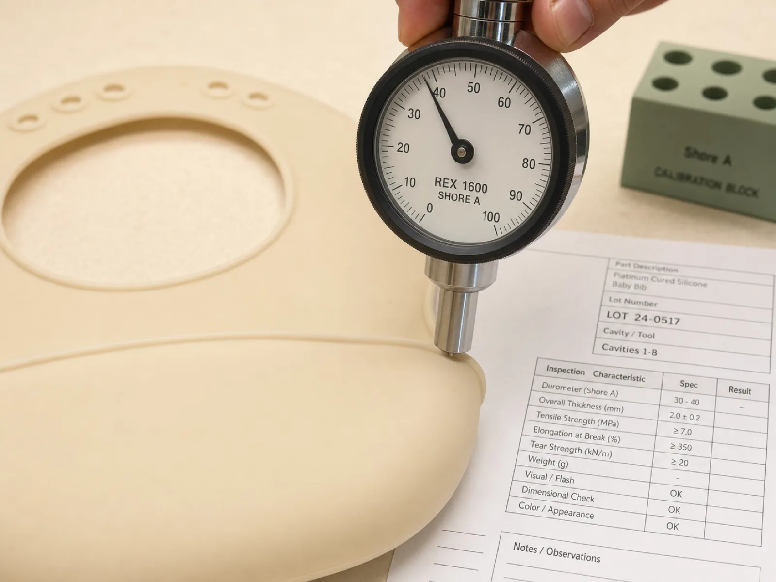Rex 1600 Shore A durometer being pressed against a finished platinum-cured silicone bib on Wetop's inspection bench — three-point measurement pattern (pocket rim, neck strap, body) with the batch traveler sheet visible under the part.