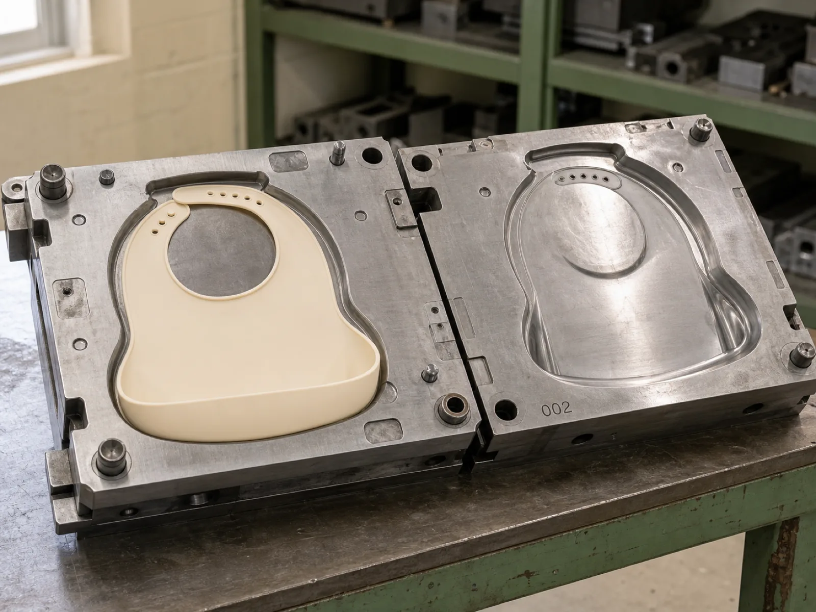 Cavity-side view of a platinum-cured silicone baby bib in a two-cavity compression mold at Wetop's Dongguan factory — matte cream silicone surface, cavity ID engraving visible on the parting line, D65 workshop lighting.