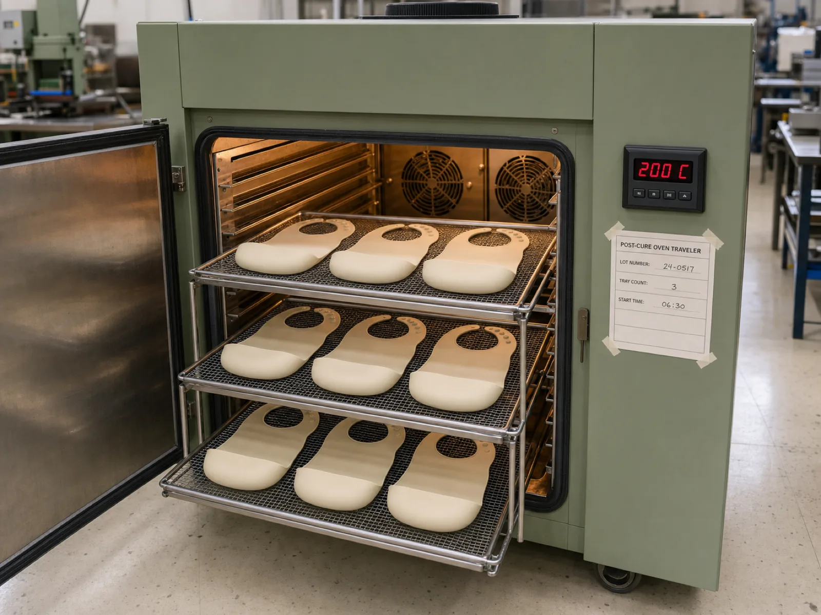 Forced-convection post-cure oven at Wetop's Dongguan factory with trays of platinum-cured silicone bibs entering for the mandatory four-hour bake at 200 °C — digital temperature controller reading 200 °C, tray count and lot number written on the traveler card.