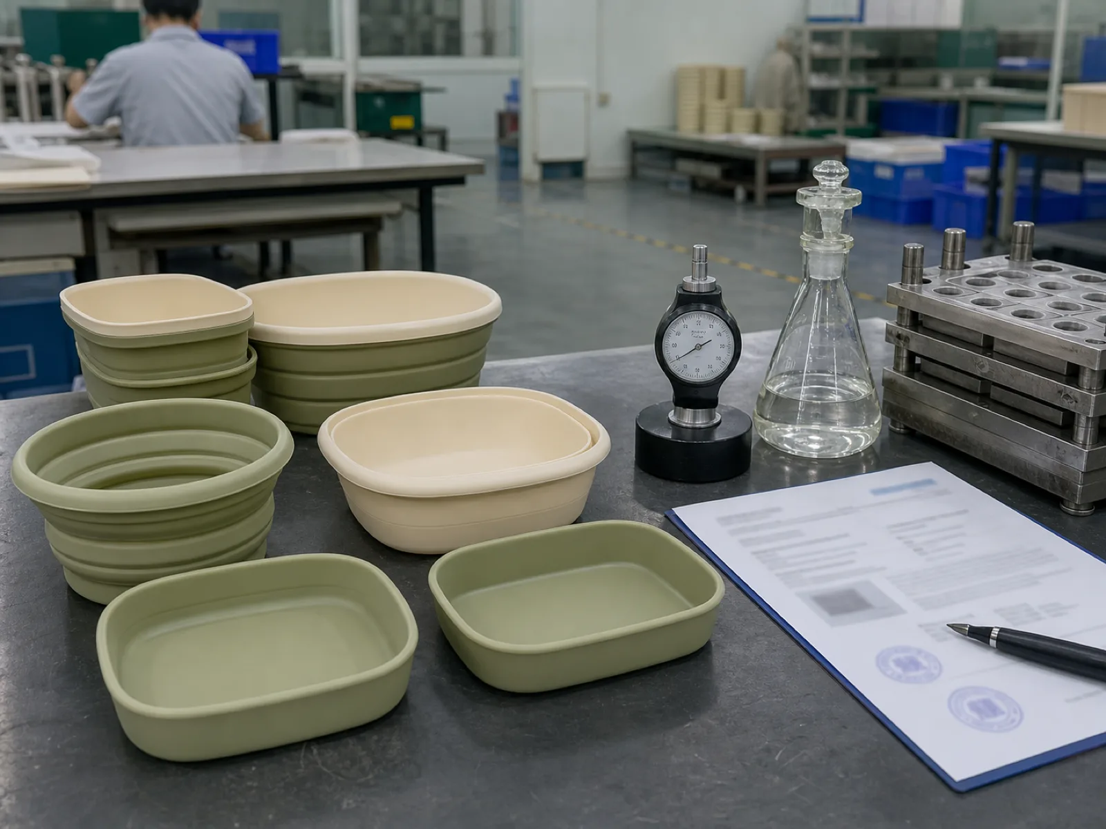 Food grade silicone pet bowls on a QC bench — cream and sage platinum-cured collapsible and flat feeding bowls with subtle food-safe translucency, staged beside a durometer, a chloroform-extractive migration flask, an accredited-lab test report, and a cavity-numbered compression mold on a neutral concrete Dongguan workshop floor.