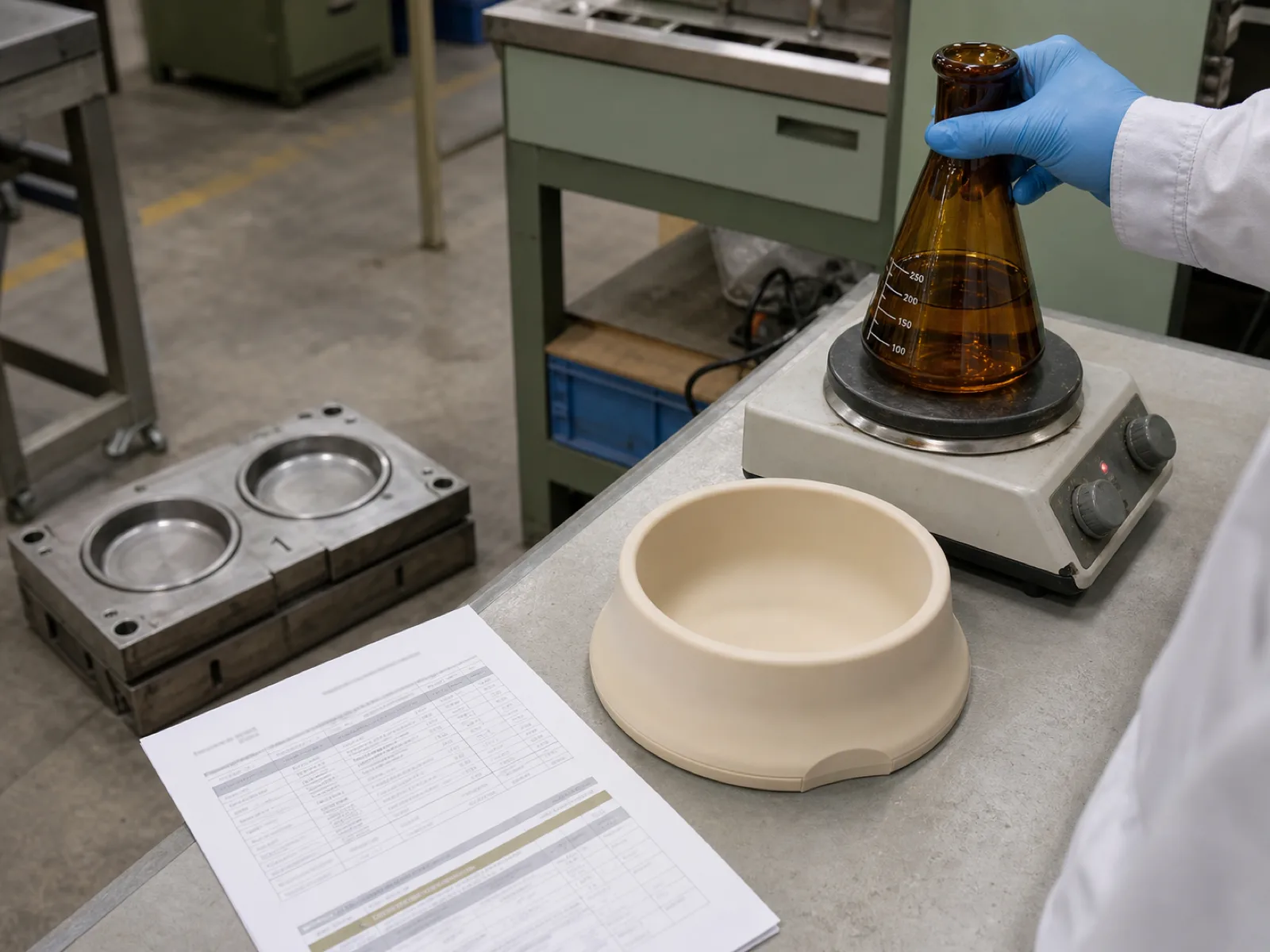 Finished-good migration testing of a food grade silicone pet bowl on a QC bench — a cream platinum-cured pet bowl beside an amber extraction flask of solvent on a hotplate, an accredited-lab FDA 21 CFR 177.2600 and LFGB test report printout, and a cavity-numbered compression mold on a neutral concrete Dongguan workshop floor, a technician's gloved hand steadying the flask.