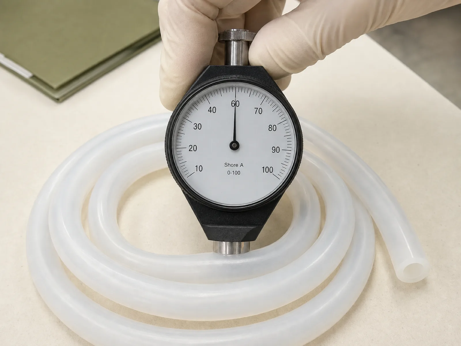 Analog Shore A durometer pressed against a coiled section of translucent food grade silicone tubing on a matte concrete QC bench, reading 60 on the dial