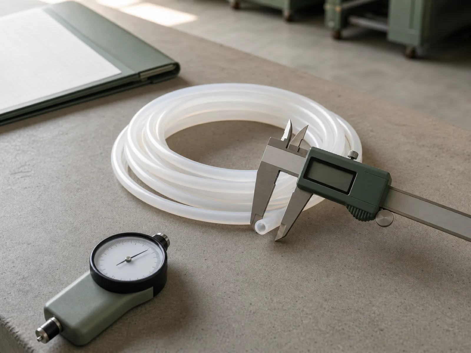 Coil of translucent platinum-cured food grade silicone tubing on a QC bench with calipers measuring outer diameter and a durometer gauge in the foreground