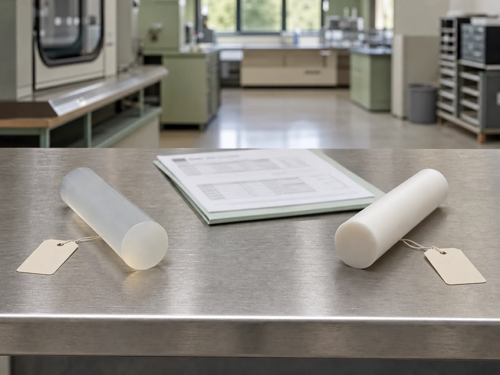 Side-by-side rods of food-grade silicone (21 CFR 177.2600) and medical-grade platinum-cured LSR (USP Class VI) staged on a Wetop QC bench with the CoA paperwork stack that separates the two grades