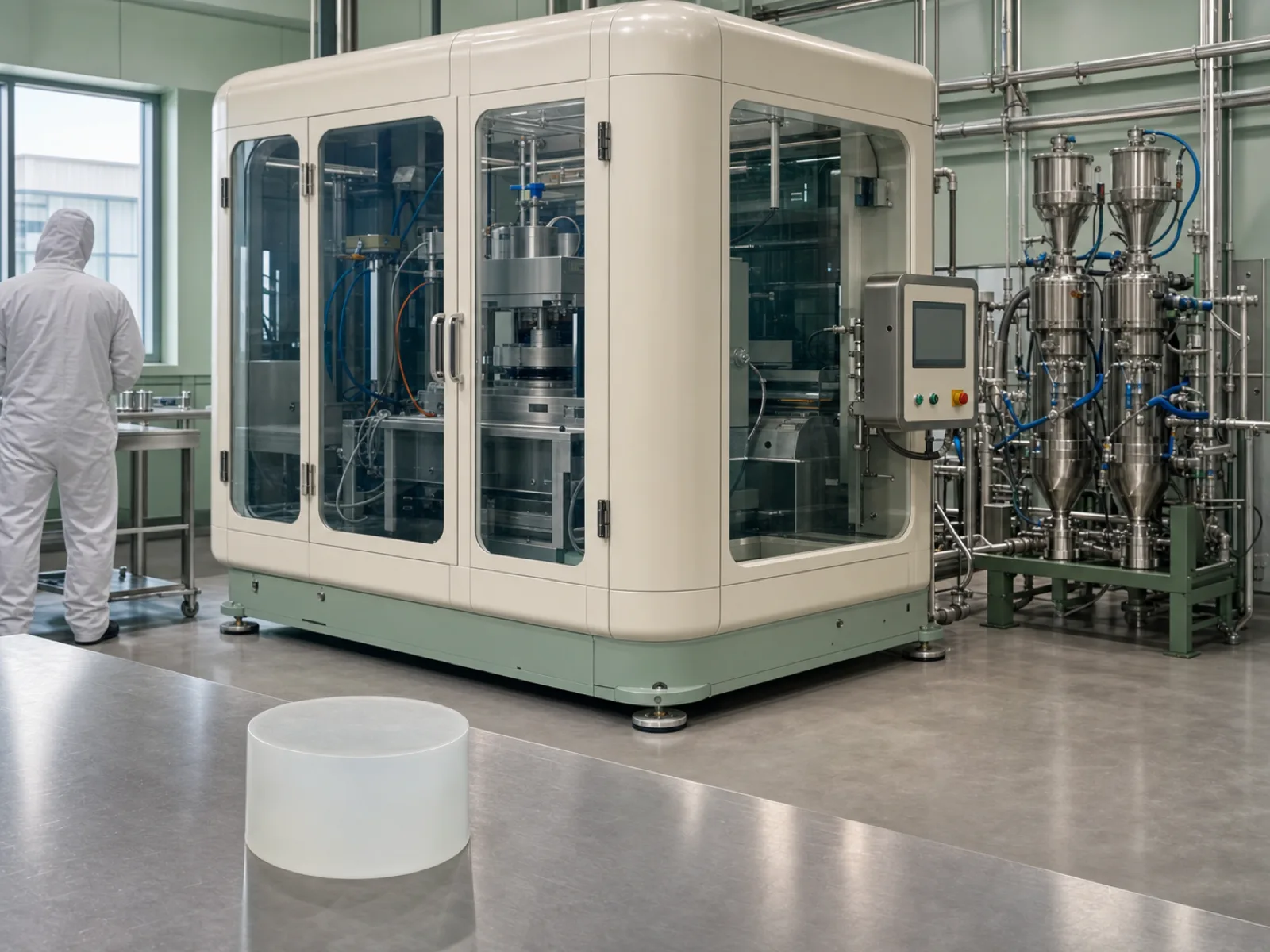 Enclosed platinum-cured LSR injection cell running a medical-grade silicone program at Wetop — cold-runner tool clamped, metering pumps behind the closed shroud, cleanroom-compatible layout for USP Class VI and ISO 10993 production