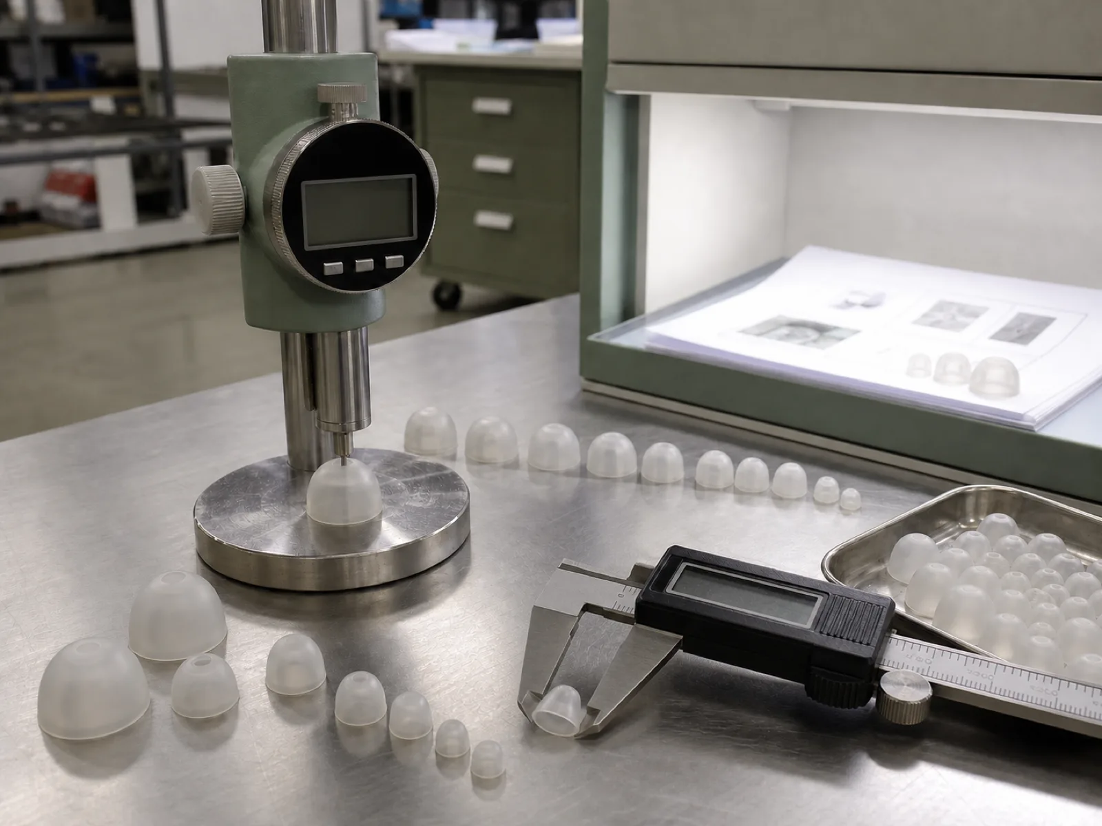 Silicone hearing aid ear tips and dome tips in graduated sizes on a stainless QC bench with a Shore A durometer pressed into a closed dome, digital calipers measuring dome-lip wall thickness, and an ISO 10993-5 test report packet under D65 light
