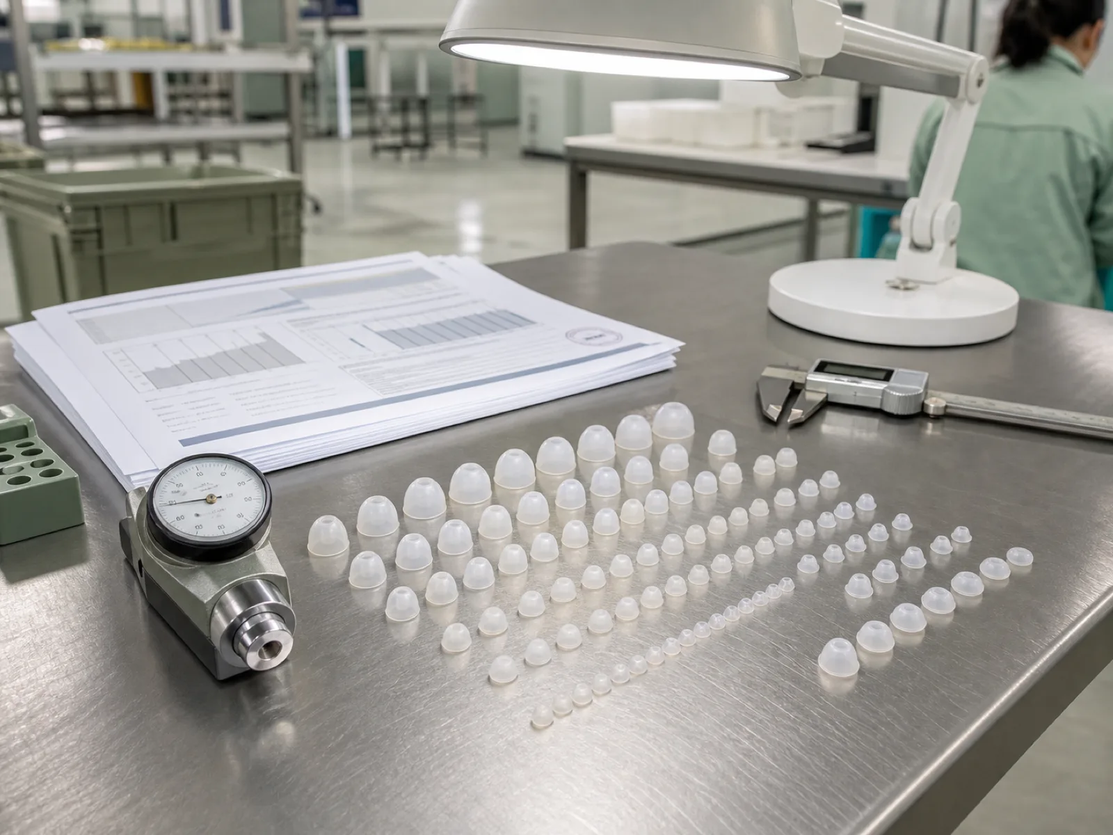 Graduated sizes of translucent platinum-cured silicone hearing aid ear tips and dome tips arranged on a stainless QC bench beside a Shore A durometer, digital calipers, and a USP Class VI test report packet under D65 inspection light in Dongguan