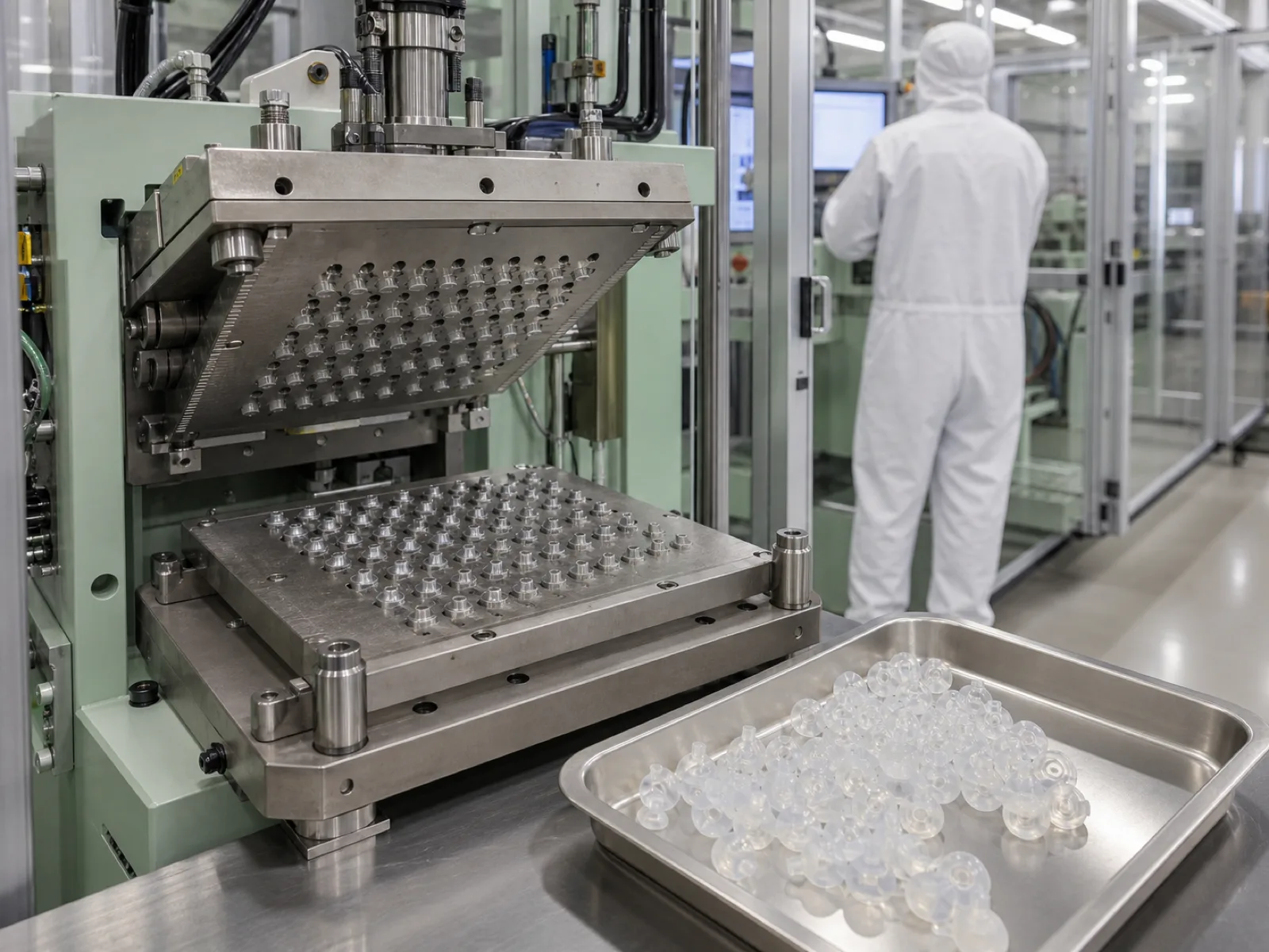 Automated LSR injection molding cell producing translucent silicone hearing aid dome tips, a multi-cavity heated mold open to show thin-lipped dome cavities, freshly demolded domes on a stainless tray, technician back turned in a Class 7 cleanroom gown