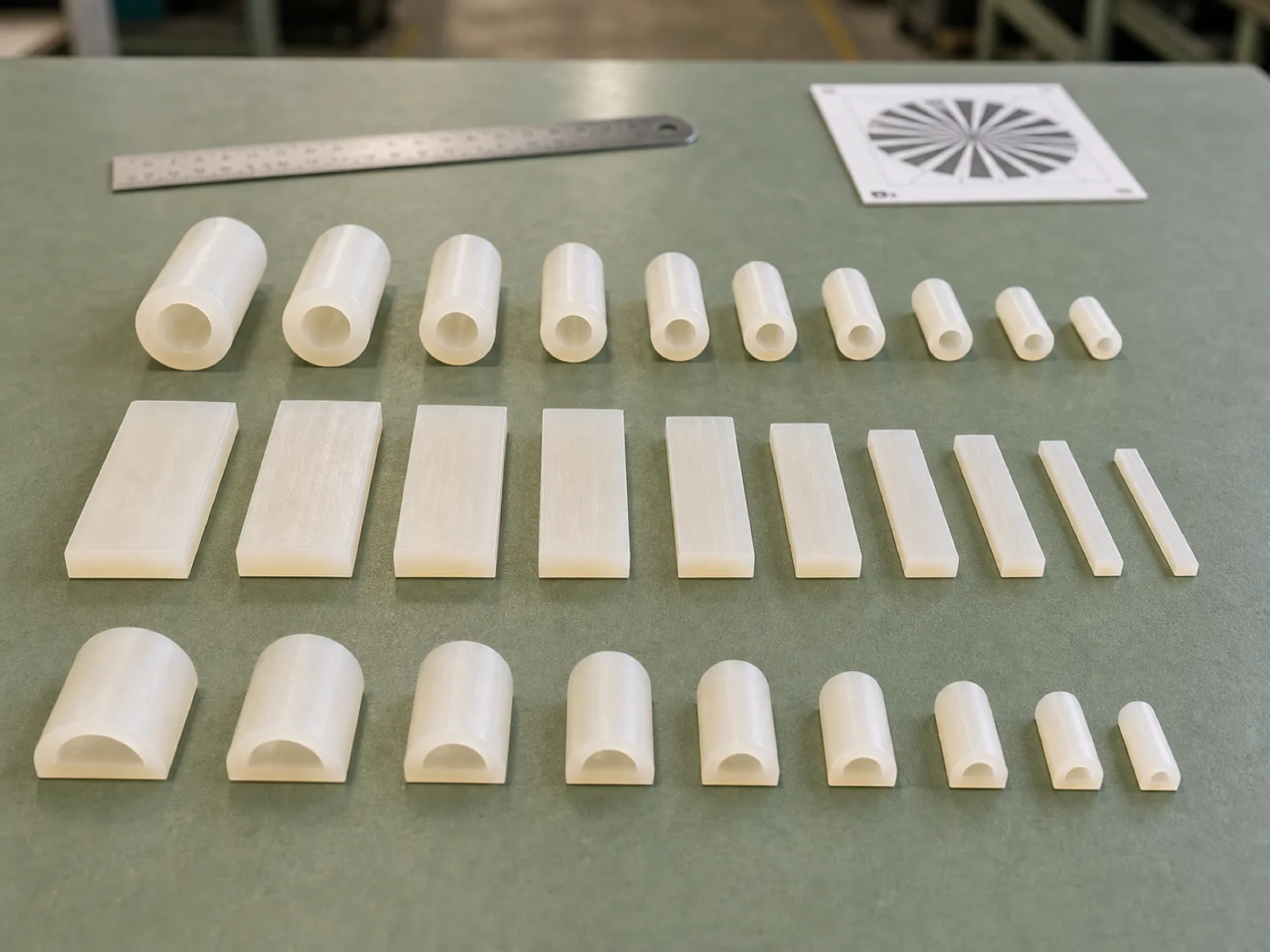 Cross-sections of compression-molded high temperature silicone gaskets showing O-profile, rectangular, and D-profile geometries, laid out on a sage-toned QC bench for cross-section inspection, Dongguan factory, D65 daylight