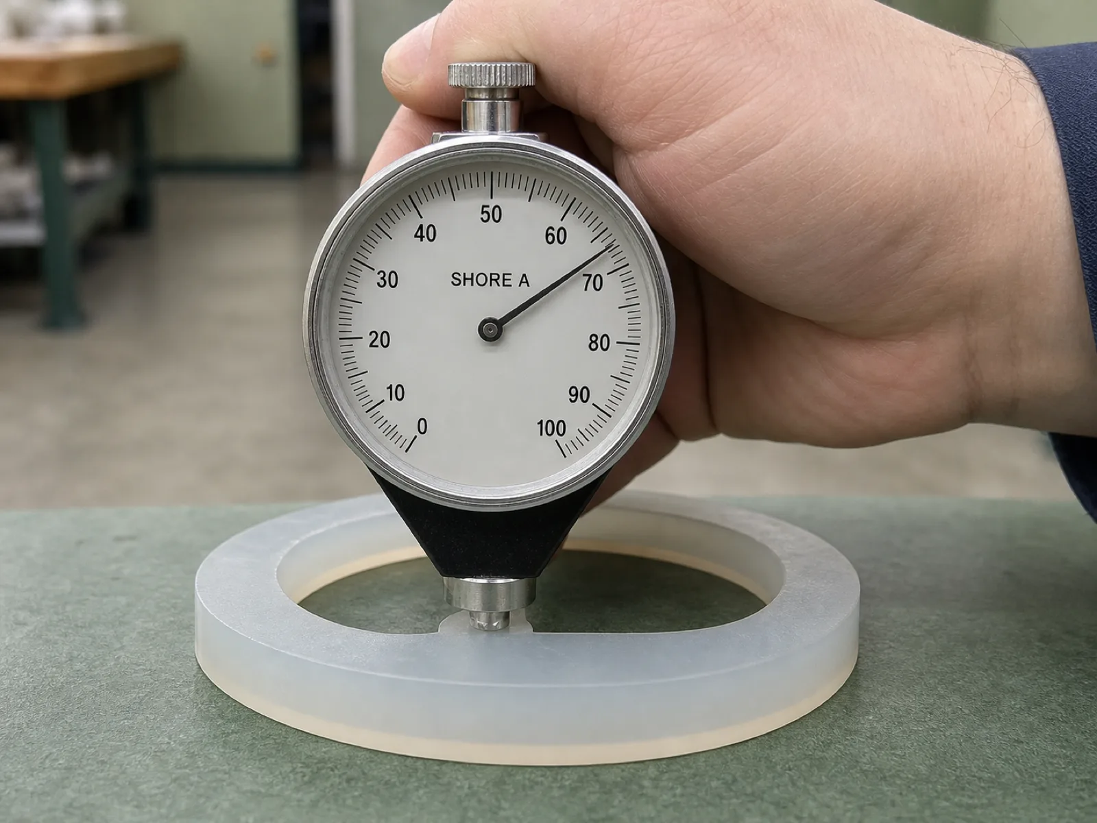 Durometer Type A gauge pressed into a Shore A 65 platinum-cured high temperature silicone gasket sample on a QC bench, dial reading 65, sage-toned workshop background, D65 daylight