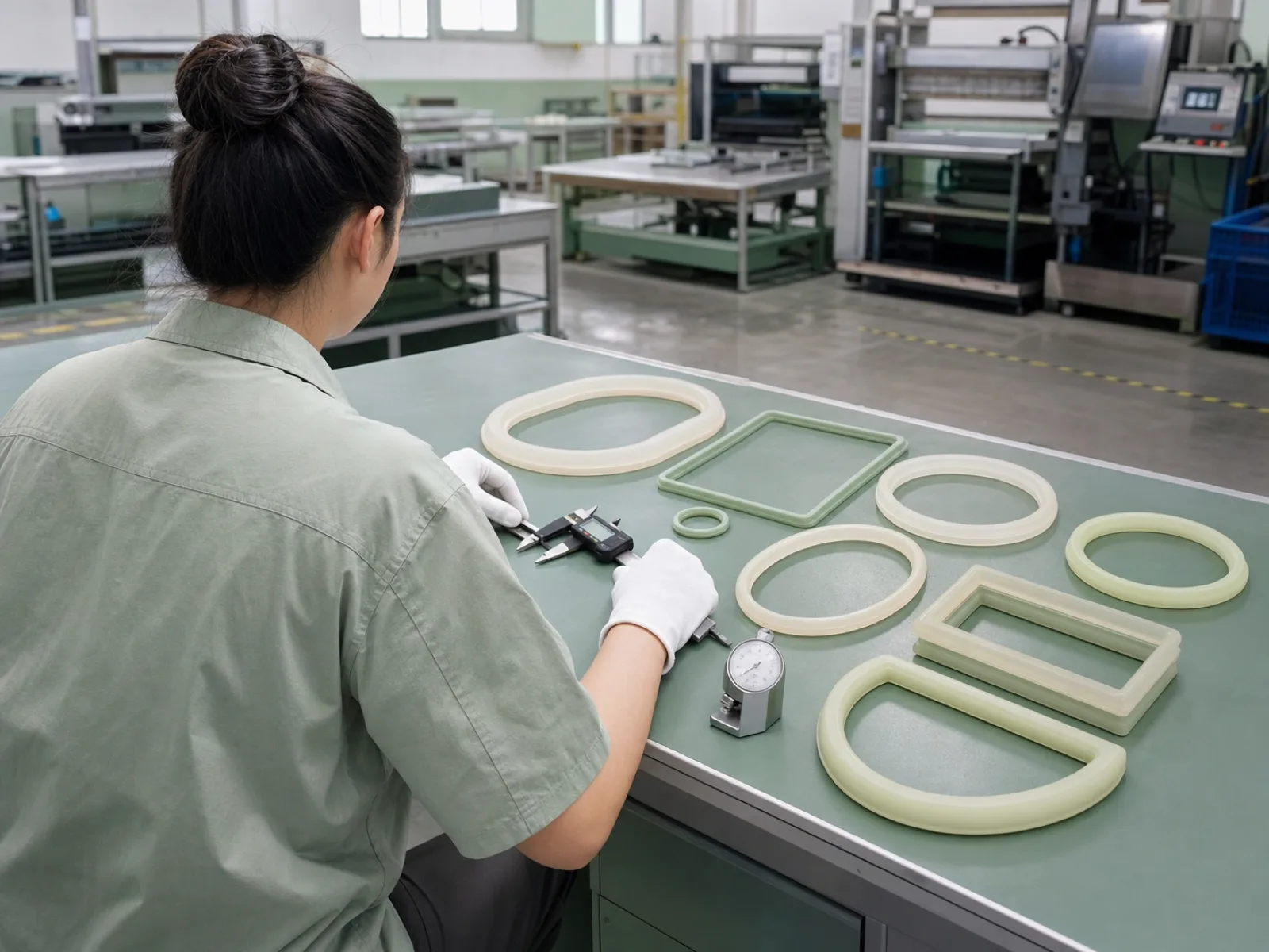QC technician inspecting a batch of platinum-cured high temperature silicone gaskets on a sage-toned bench, calipers and durometer gauge in frame, Dongguan factory workshop with muted concrete floor and D65 daylight