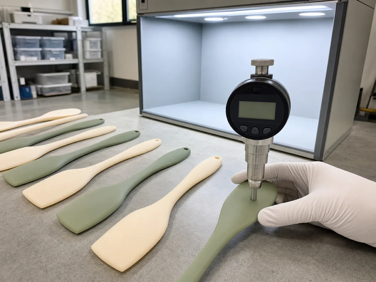 QC bench of cream and sage silicone spatulas laid out for inspection at a Dongguan factory — one-piece heads, a digital Shore A durometer, and a D65 light box, an engineer's gloved hand steadying a sample head for a hardness reading.