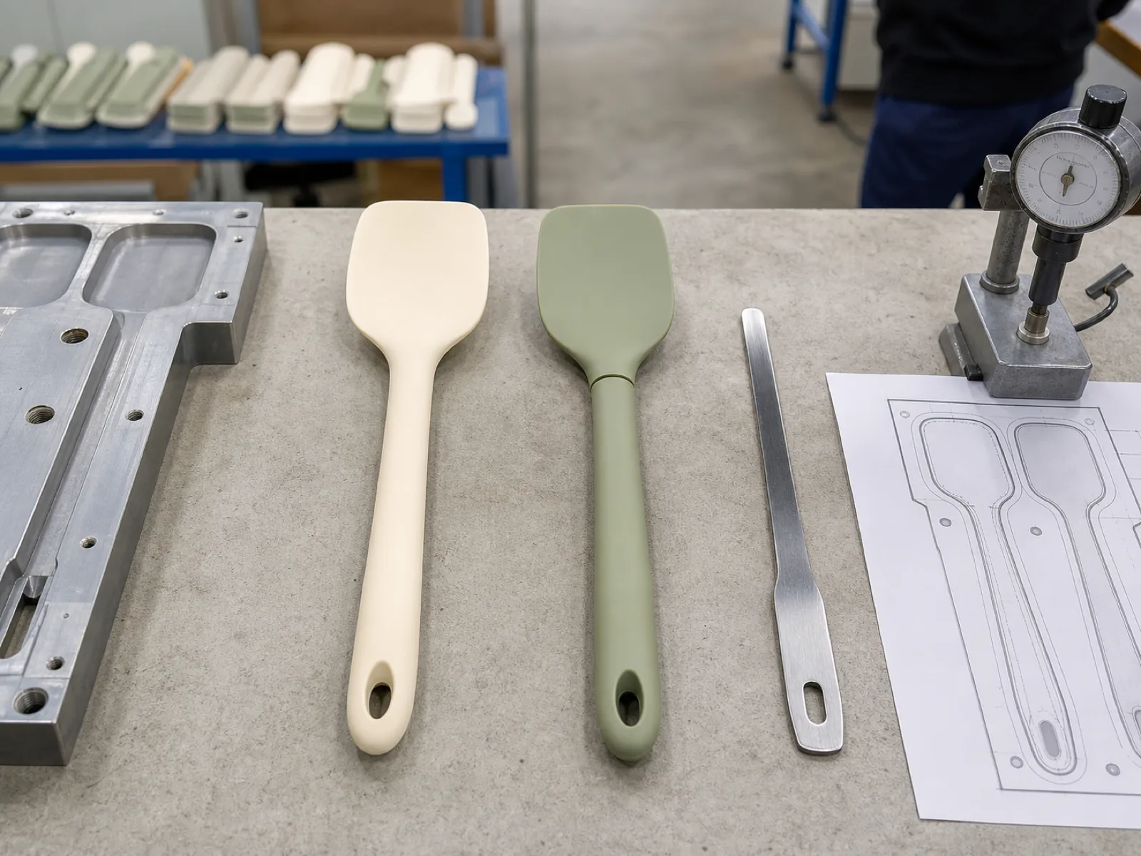 Two cream and sage silicone spatulas side by side on a QC bench — a one-piece seamless head molded continuously over its steel core, next to a two-piece unit with a visible seam where the silicone head meets a separate handle, a stainless core insert exposed for comparison.