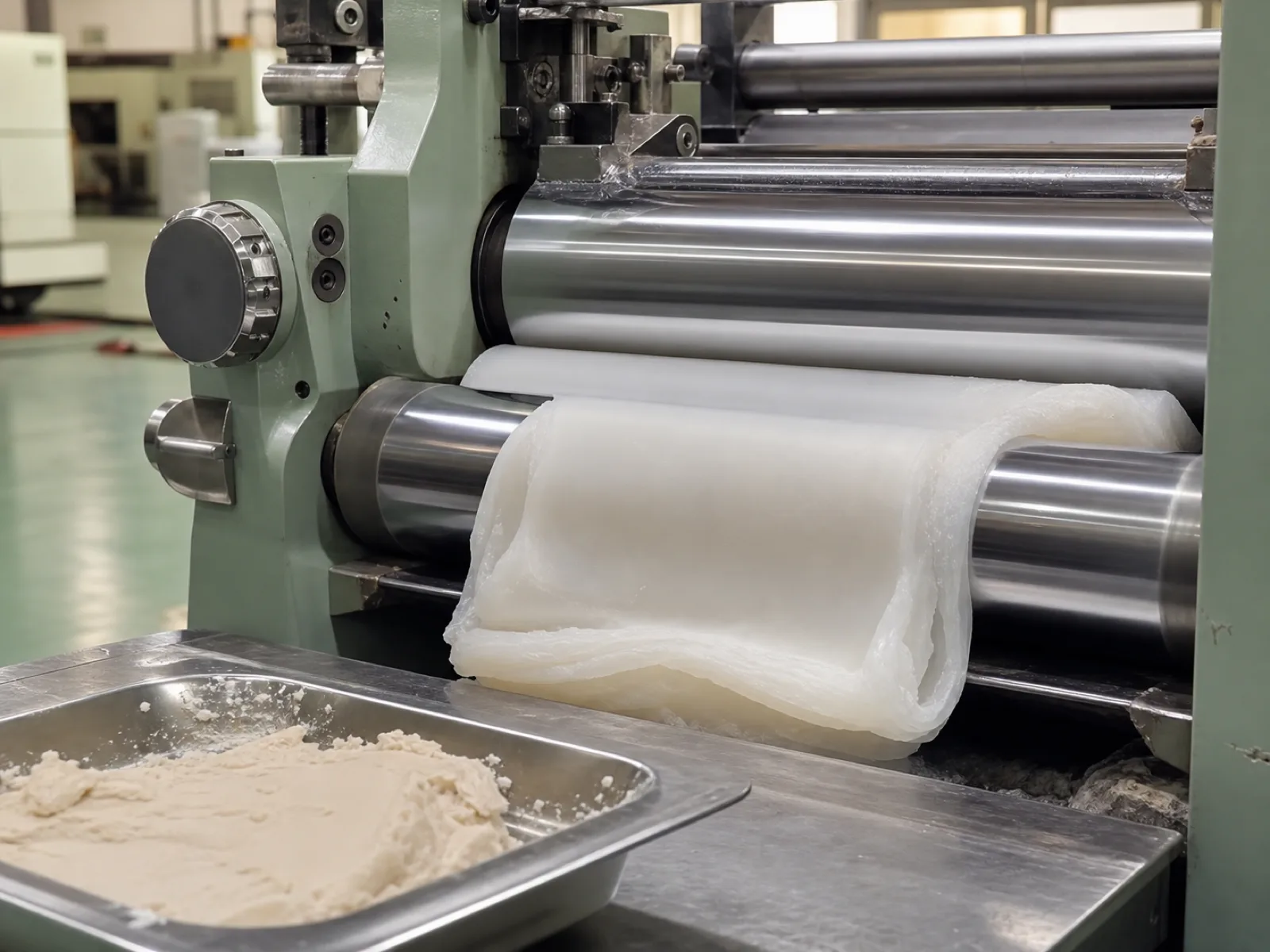 Two-roll mill compounding platinum-cured silicone base with pigment master-batch on the Wetop workshop floor — the cure chemistry that qualifies for body-safe silicone applications because it releases no acidic peroxide byproducts