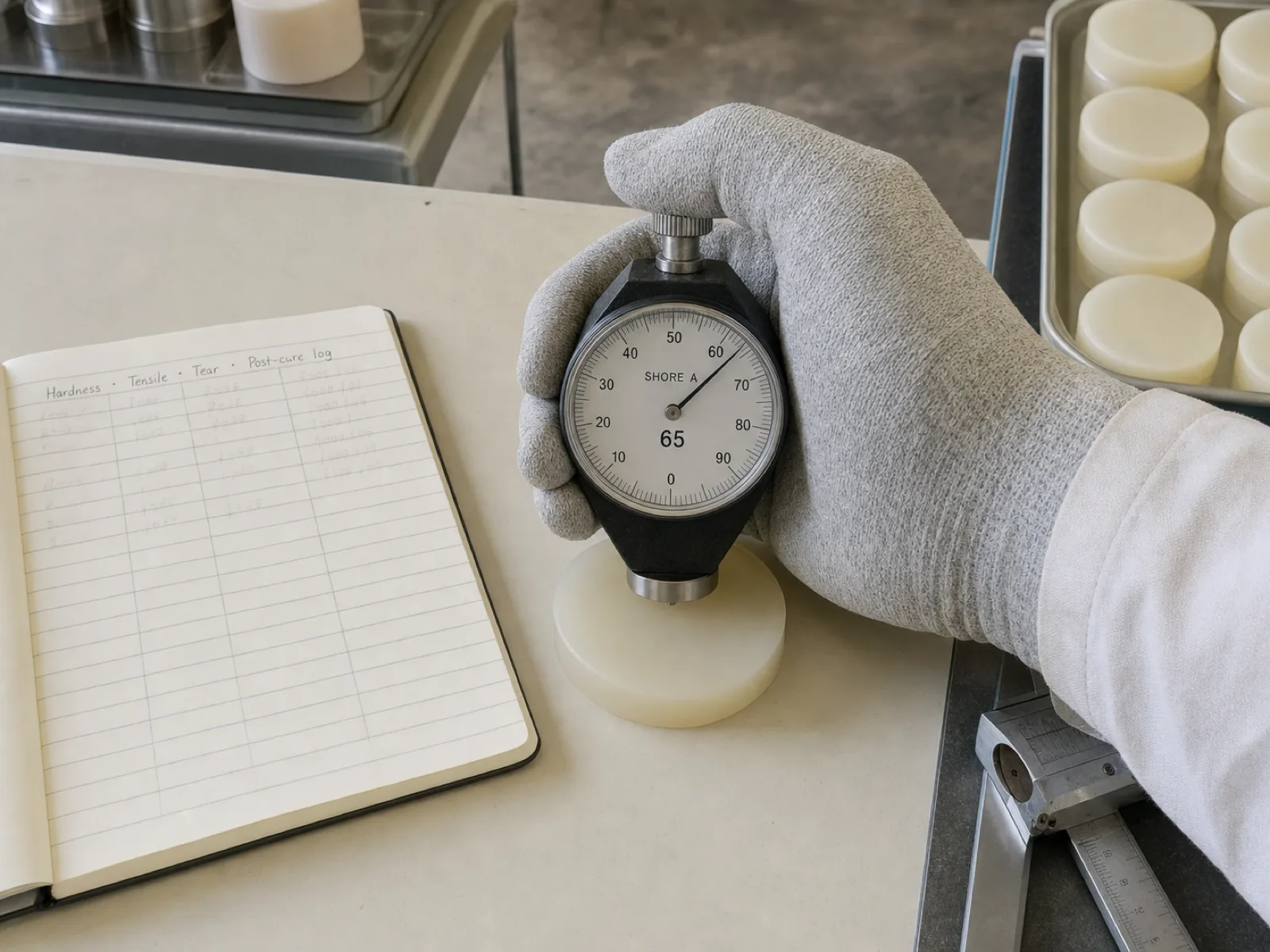 Wetop QC technician taking a Shore A durometer reading of 65 on a post-cured platinum-cured silicone puck — one of the release gates that separates defensible body-safe silicone lots from filler-cut blends