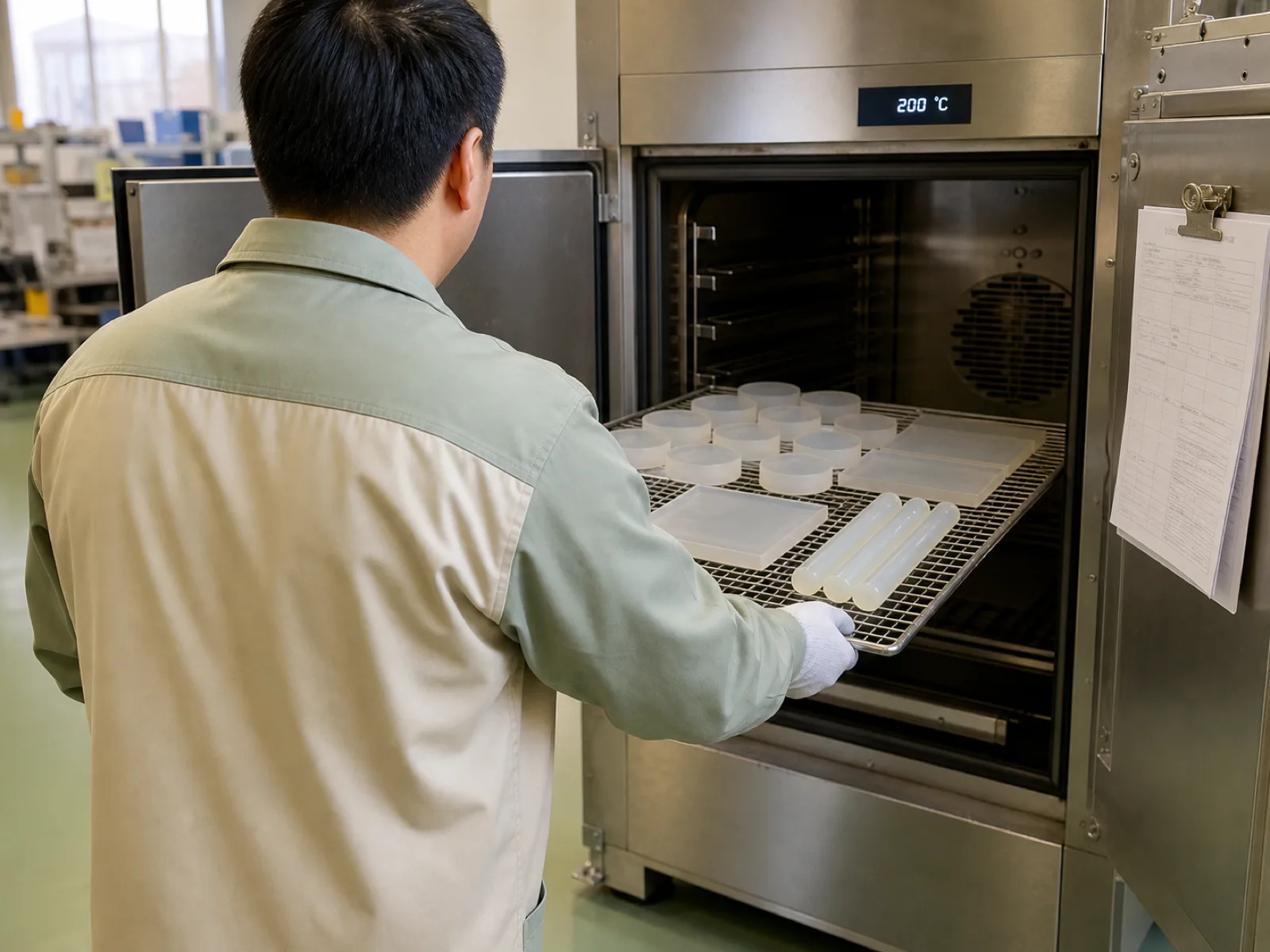 Wetop engineer inspecting a rack of platinum-cured silicone samples after a 4-hour post-cure at 200 °C — the process step that drives off D4/D5/D6 cyclosiloxane residuals before body-safe silicone parts leave the factory