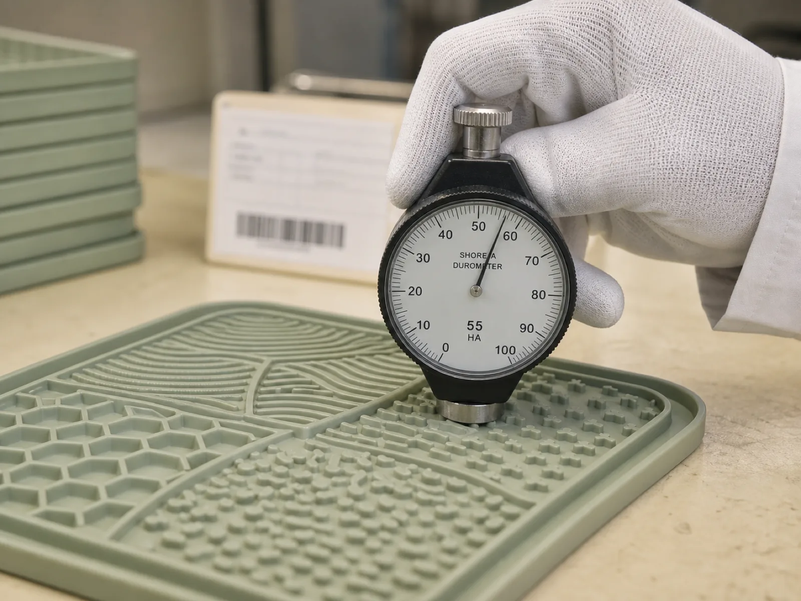QC technician pressing a Shore A durometer probe onto a sage-green platinum-cured silicone lick mat reading 55, next to a batch traceability card on a factory QC bench — verifying pet-safe silicone hardness per ASTM D2240.