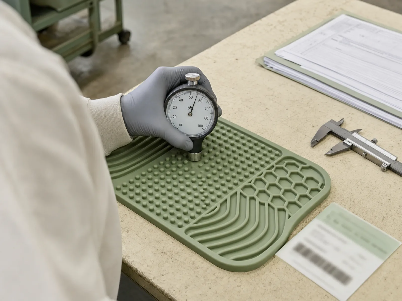 QC technician measuring Shore A hardness on a sage-green platinum-cured silicone lick mat sample at a factory bench — testing pet-contact silicone safety compliance for FDA and LFGB certification programs.