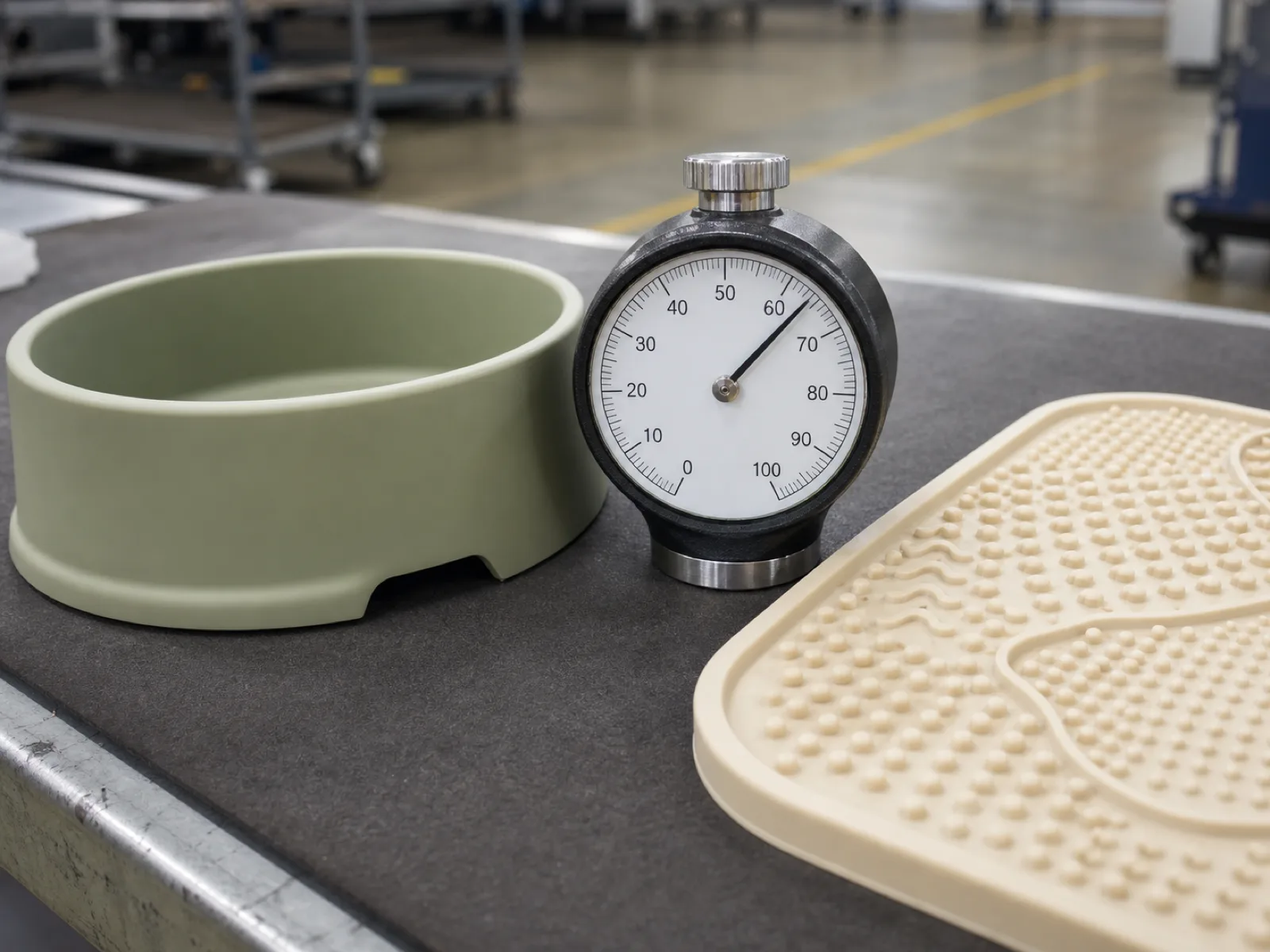 Anonymized sage-green silicone pet bowl and cream lick-mat samples on a QC bench with a Shore A durometer reading 65, showing platinum-cure food-grade material characterization for a pet-brand OEM program