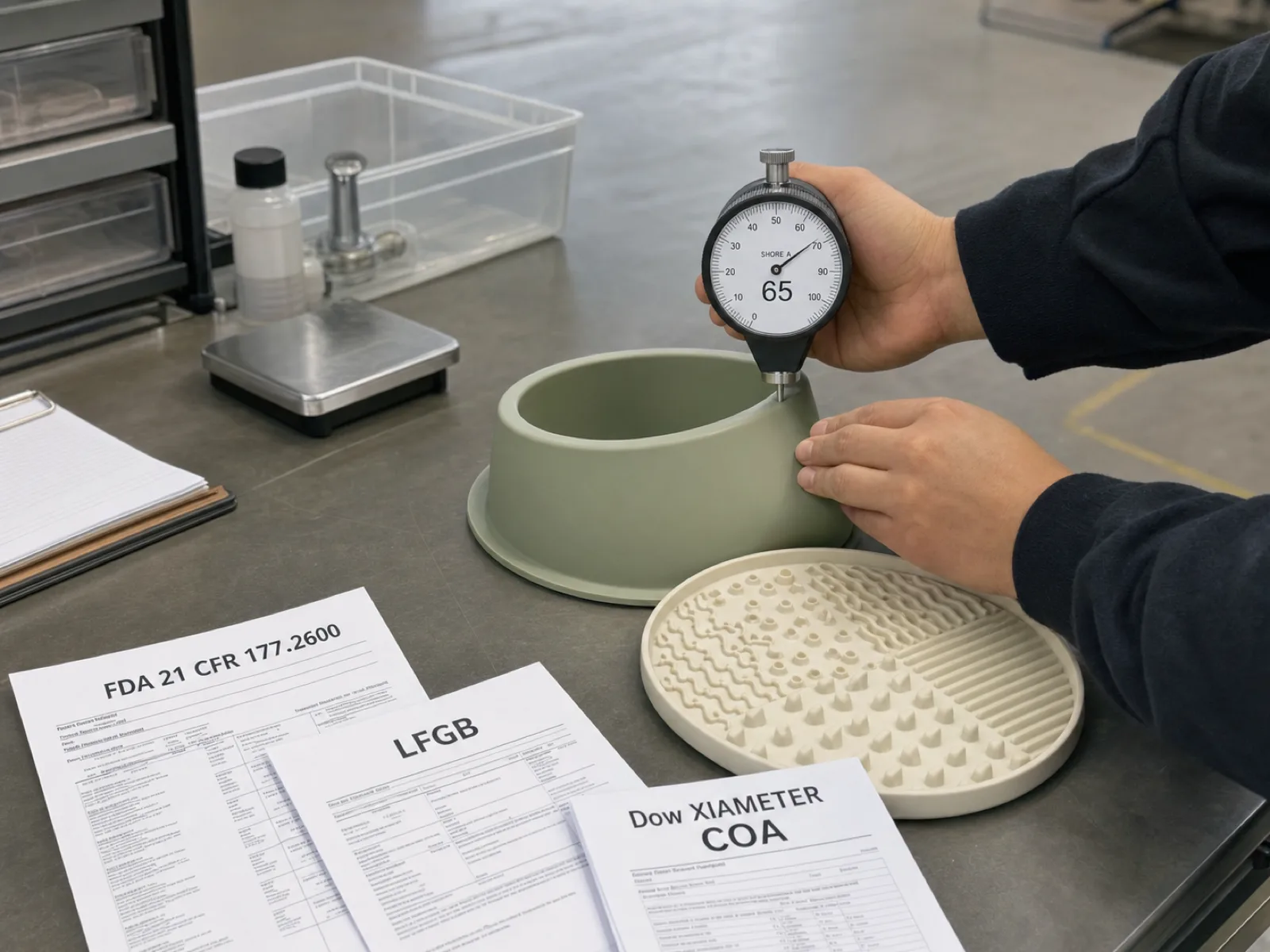 Is silicone safe for pets? Wetop QC bench with anonymized sage-green pet bowl and cream lick-mat samples staged alongside FDA 21 CFR 177.2600 and LFGB §30/31 batch reports, a Shore A durometer reading 65, and Dow XIAMETER platinum-cure raw material COAs tied to master-batch lot numbers