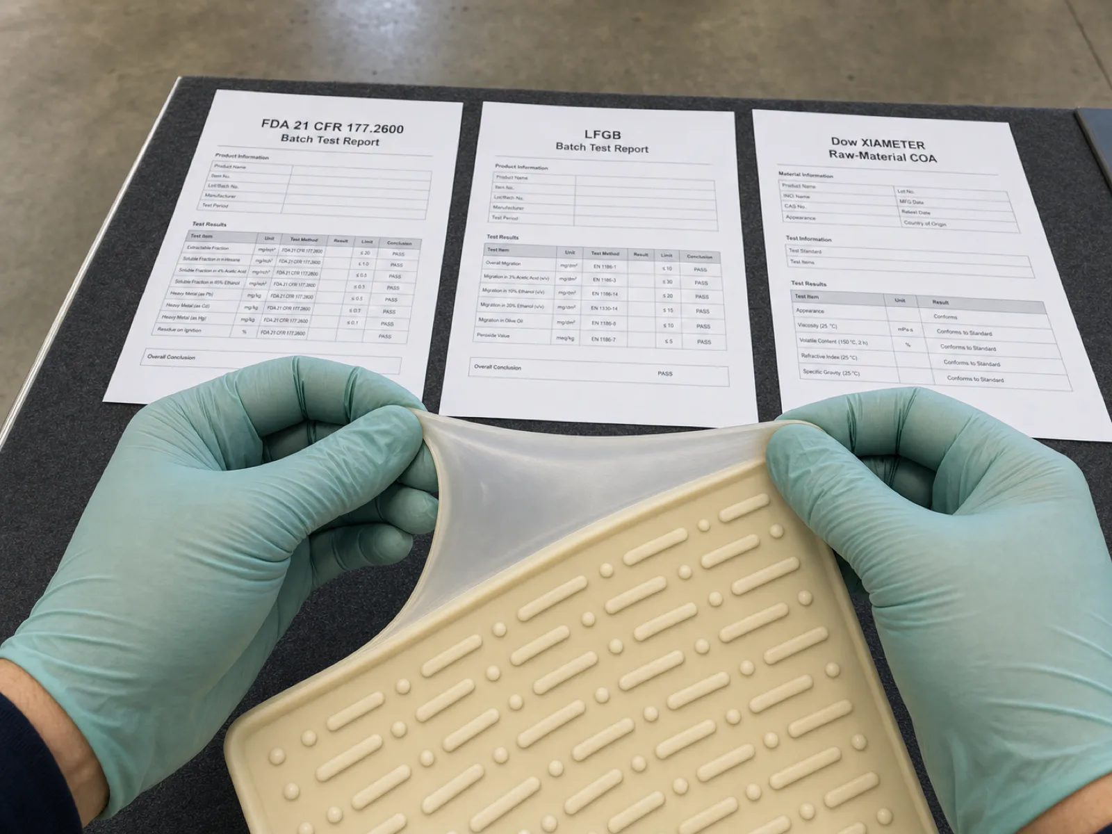 Pinch-twist field test on an anonymized cream silicone pet lick-mat sample staying clear under stress, with FDA 21 CFR 177.2600 and LFGB §30/31 batch test reports open on the QC bench alongside a Dow XIAMETER platinum-cure raw-material COA