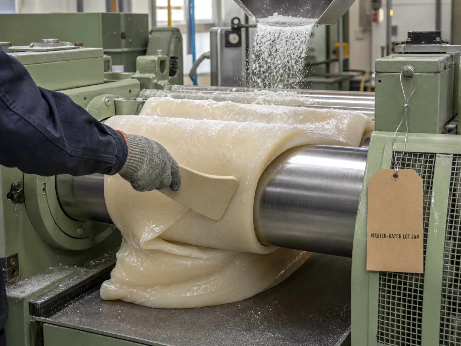 Is silicone safe compound-mixing stage — Wetop compounder folding fumed-silica reinforcement into Dow XIAMETER food-grade PDMS base gum on the two-roll mill with the master-batch lot tag hanging on the machine