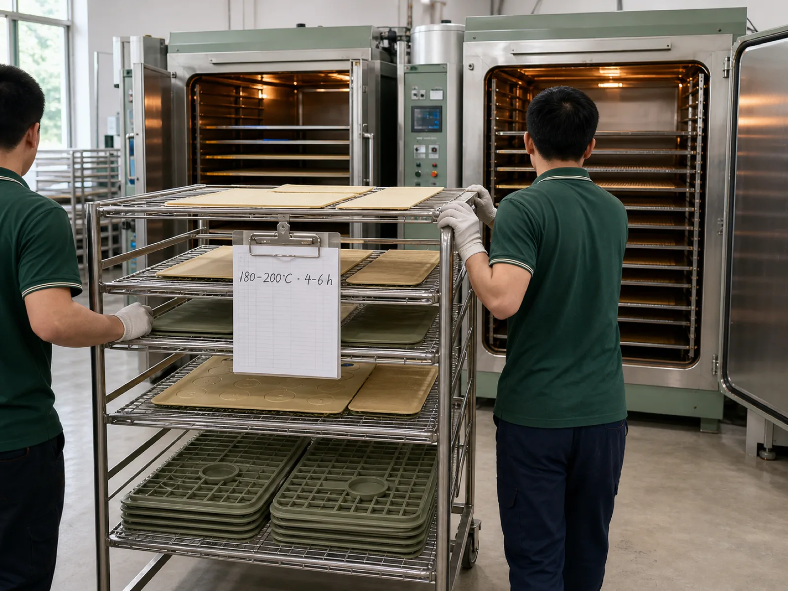 Is silicone safe post-cure oven bank — Wetop technician loading finished platinum-cure silicone baking mats on stainless racks into the 200°C oven for the mandatory 4-6 hour cycle that drives volatile siloxanes below LFGB extraction ceilings, with time-temperature log clipped to the cart