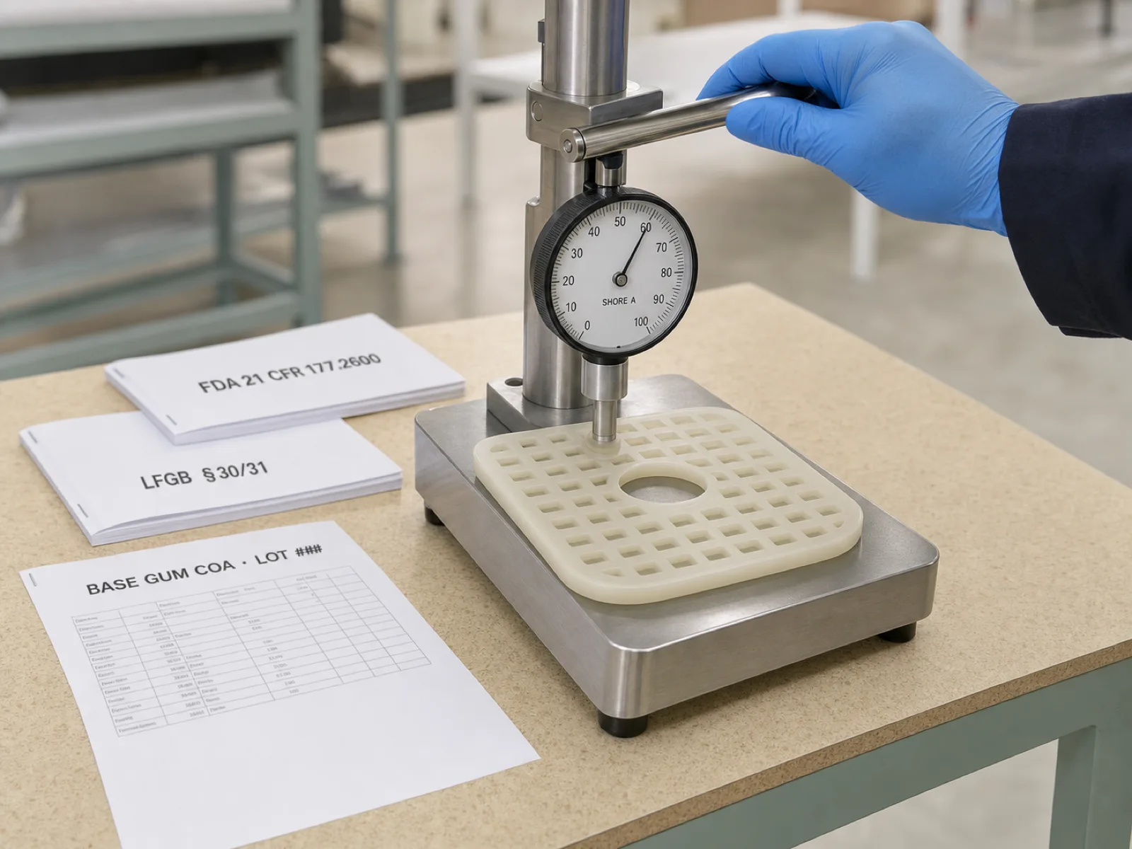 Is silicone safe QC bench — Wetop technician measuring Shore A durometer hardness on ASTM D2240 stand for a finished food-grade silicone sink grid sample next to the master-batch lot COA from Dow XIAMETER and the referenced FDA and LFGB per-batch test reports