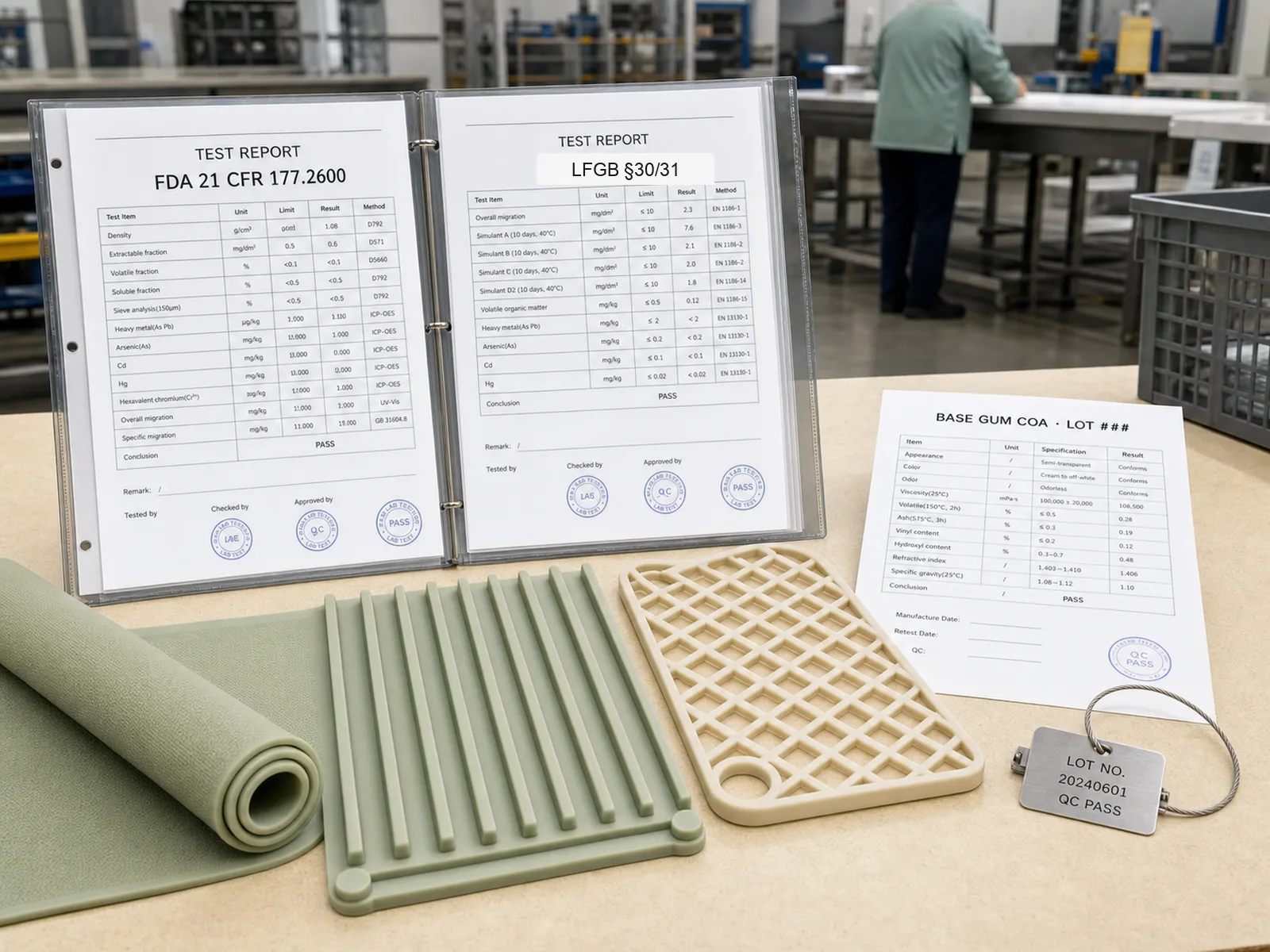Is silicone safe? Wetop QC bench with per-batch FDA 21 CFR 177.2600 and LFGB §30/31 test reports, food-grade silicone samples, and raw-material COAs from Dow / Wacker / Momentive / Shin-Etsu tied to master-batch lot numbers