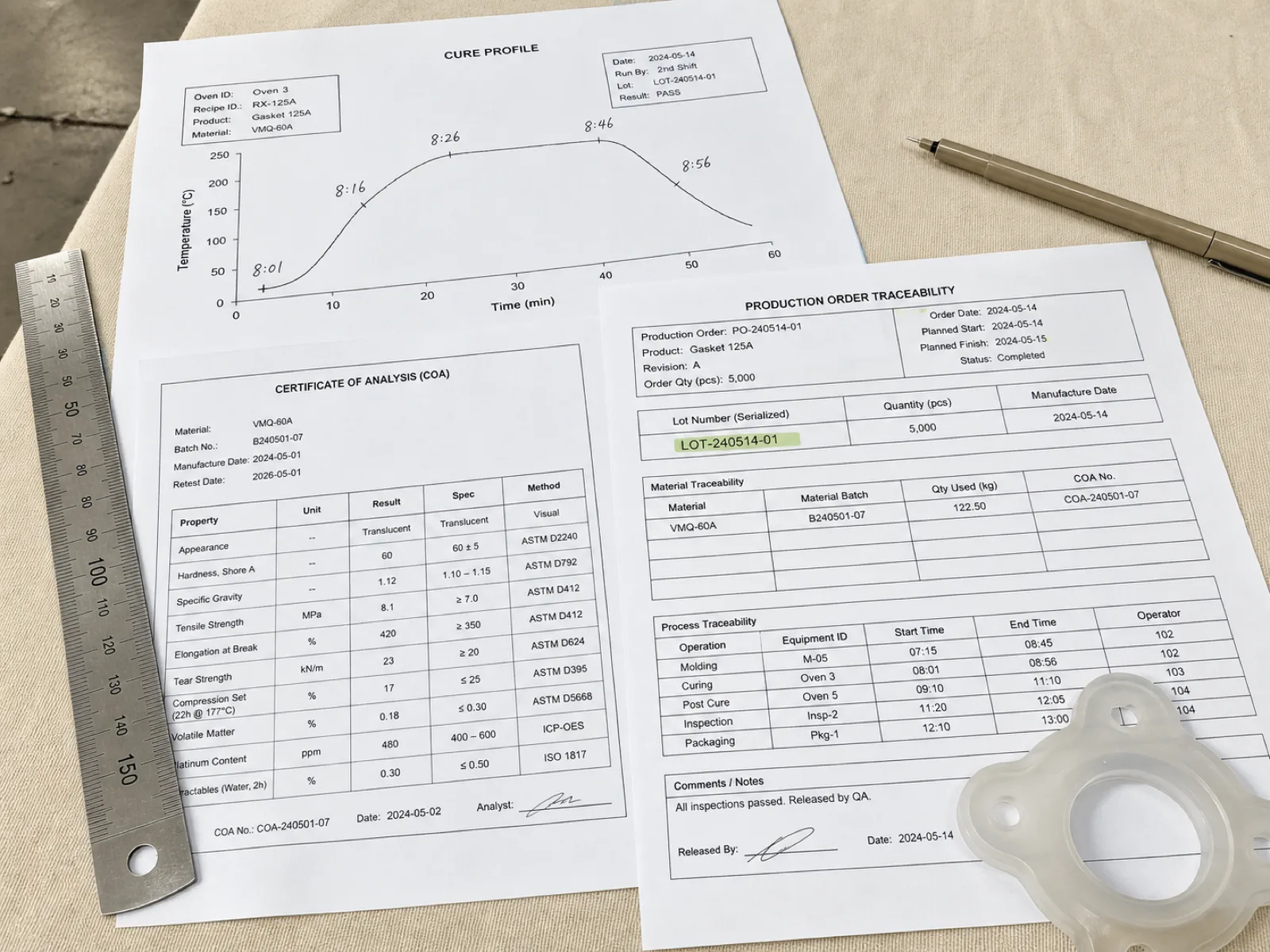 Cure profile printout and raw-material COA cross-referenced against a production-order traceability sheet inside a silicone factory QC lab