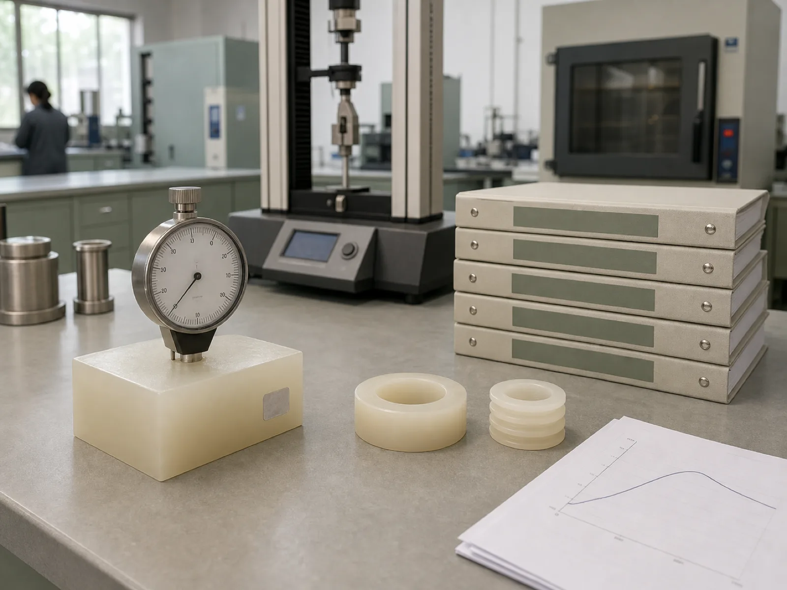 QC bench inside an ISO 9001 certified silicone factory — durometer, calibrated tensile tester, cure profile printouts, and a stack of clause-referenced audit binders laid out for a Stage 2 site visit