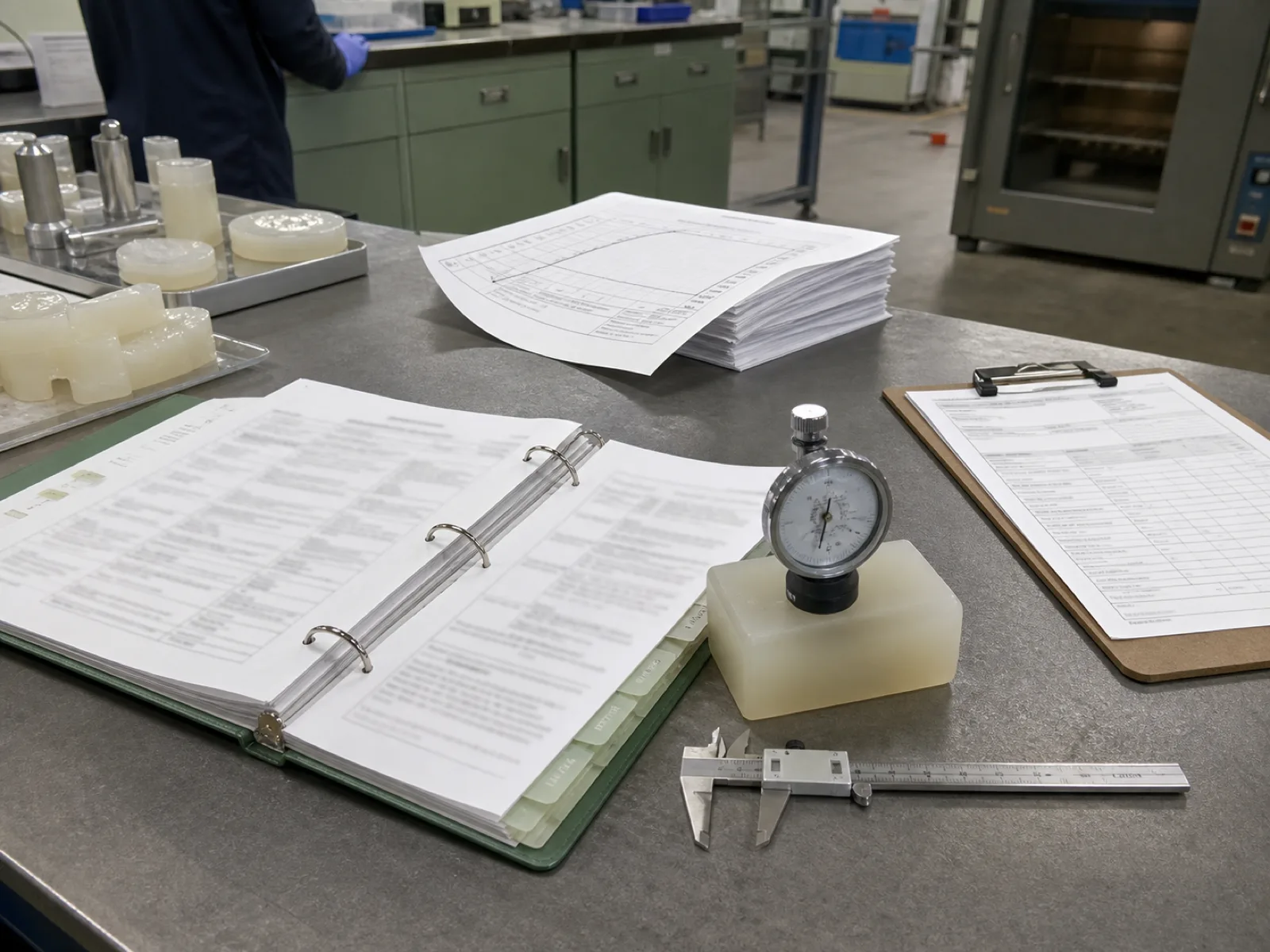 QC bench inside an ISO 9001 certified silicone factory with a calibrated durometer, cure profile printouts, and clause-referenced audit binders