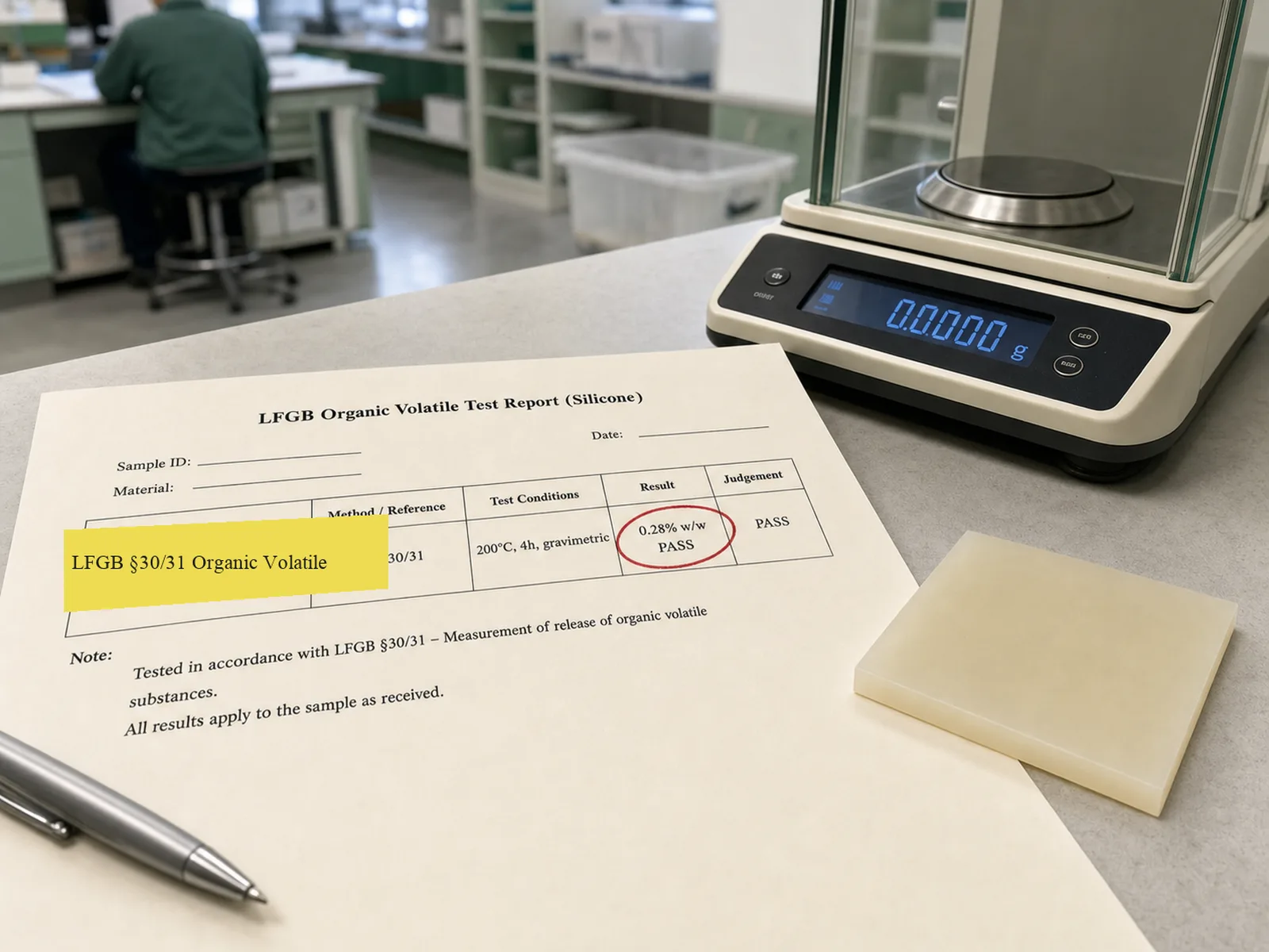 LFGB §30/31 organic volatile gravimetric test report on a QC bench next to a post-cured silicone sink grid sample, with the BfR Recommendation XV method line highlighted and the 0.5% weight-loss result circled