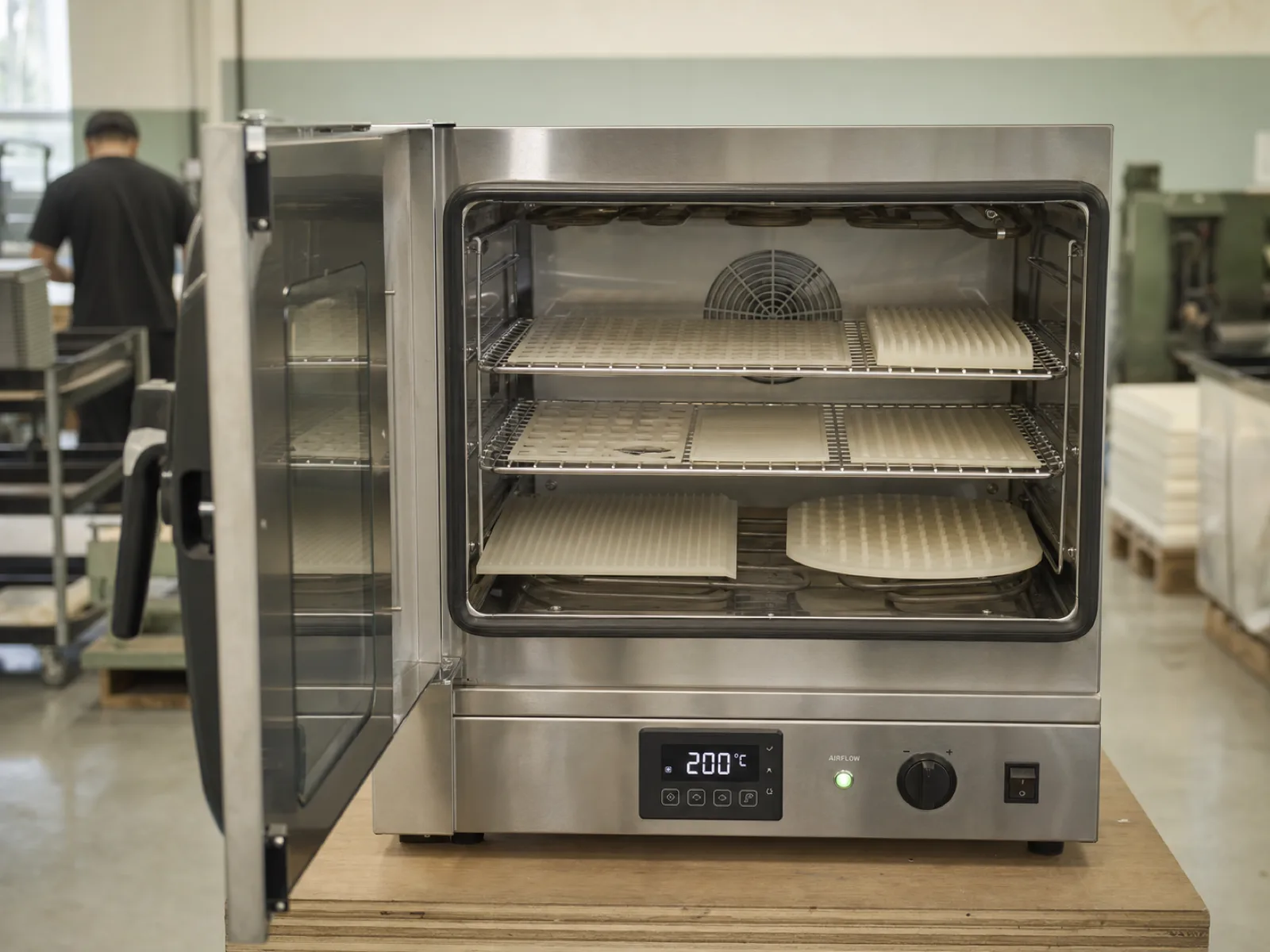 Forced-convection post-cure oven at Wetop's Dongguan facility with the door open, showing rack trays of anonymized platinum-cured silicone sink grid samples staged for 200°C × 4-6 hour post-cure before LFGB Section 30/31 volatile testing, with the oven temperature display and airflow indicator visible in the foreground