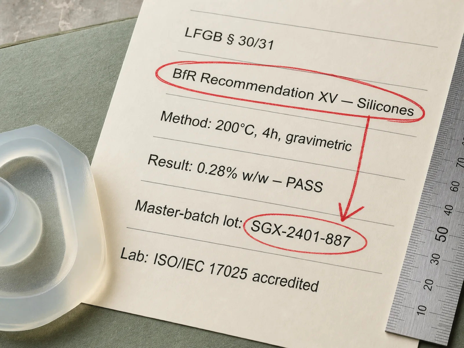 Close-up of an LFGB Section 30/31 organic volatile test line item on a printed lab report, showing method code, 200°C 4-hour test conditions, gravimetric procedure, and 0.28% w/w PASS result, marked up in engineering red pen with annotations pointing at BfR Recommendation XV reference and master-batch lot number