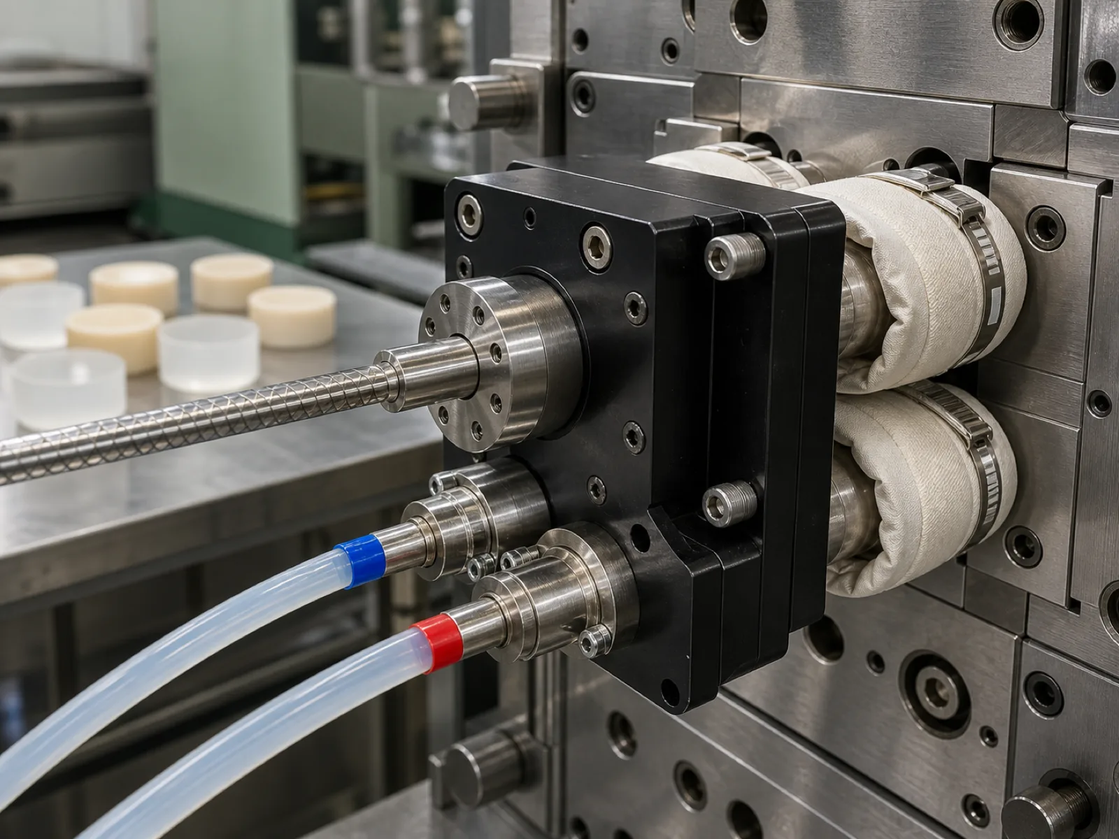 Chilled cold-runner LSR metering pump feeding a two-part platinum-cured liquid silicone rubber A/B mix into a heated production tool, generic silicone samples staged on the work platform beside the injection cell