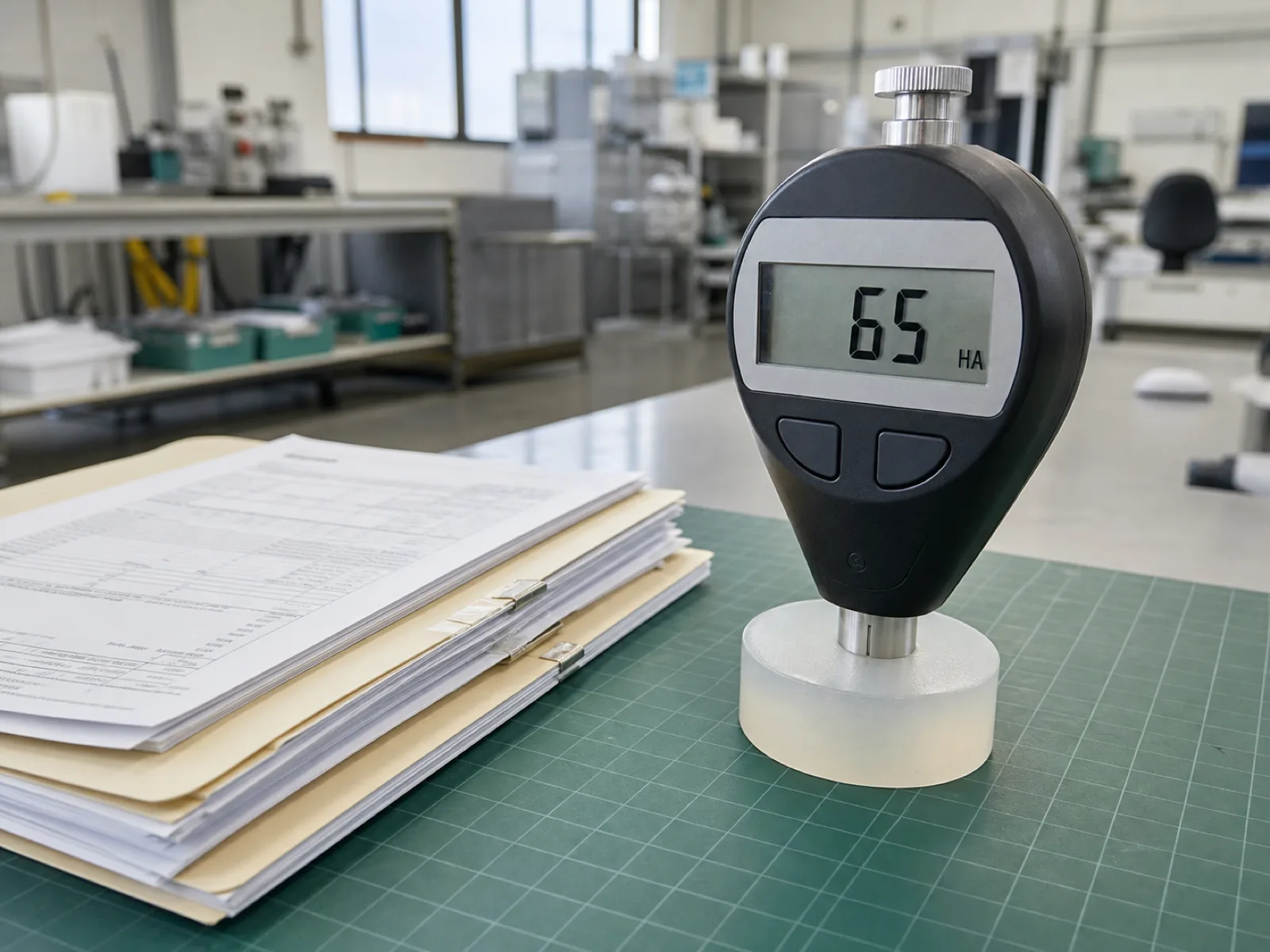 Digital Shore A durometer reading 65 pressed onto a matte-satin platinum-cured liquid silicone rubber puck on a QC bench, ISO 10993 lab report paperwork staged next to the sample at a body-safe LSR OEM manufacturer