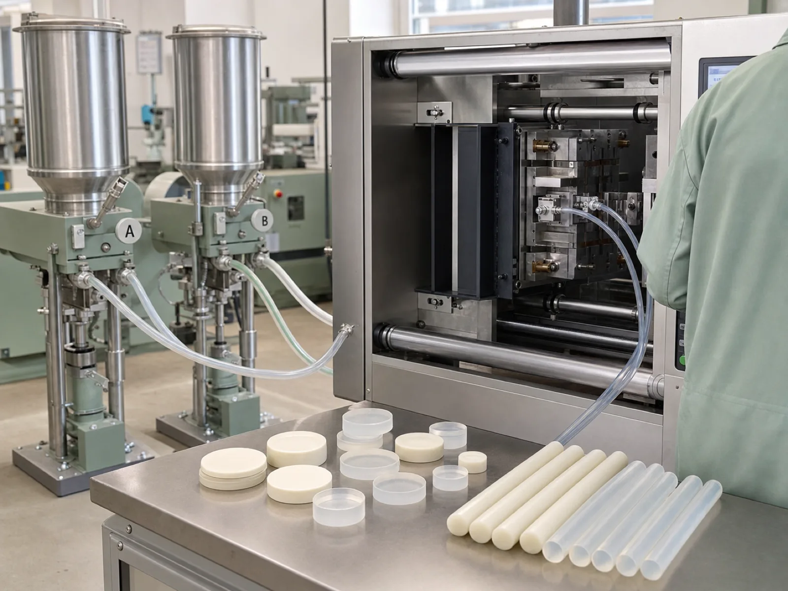 Two-part platinum-cured liquid silicone rubber A/B metering pumps feeding a cold-runner LSR injection cell at a body-safe OEM manufacturer, matte-satin silicone samples staged on the concrete work floor beside the press