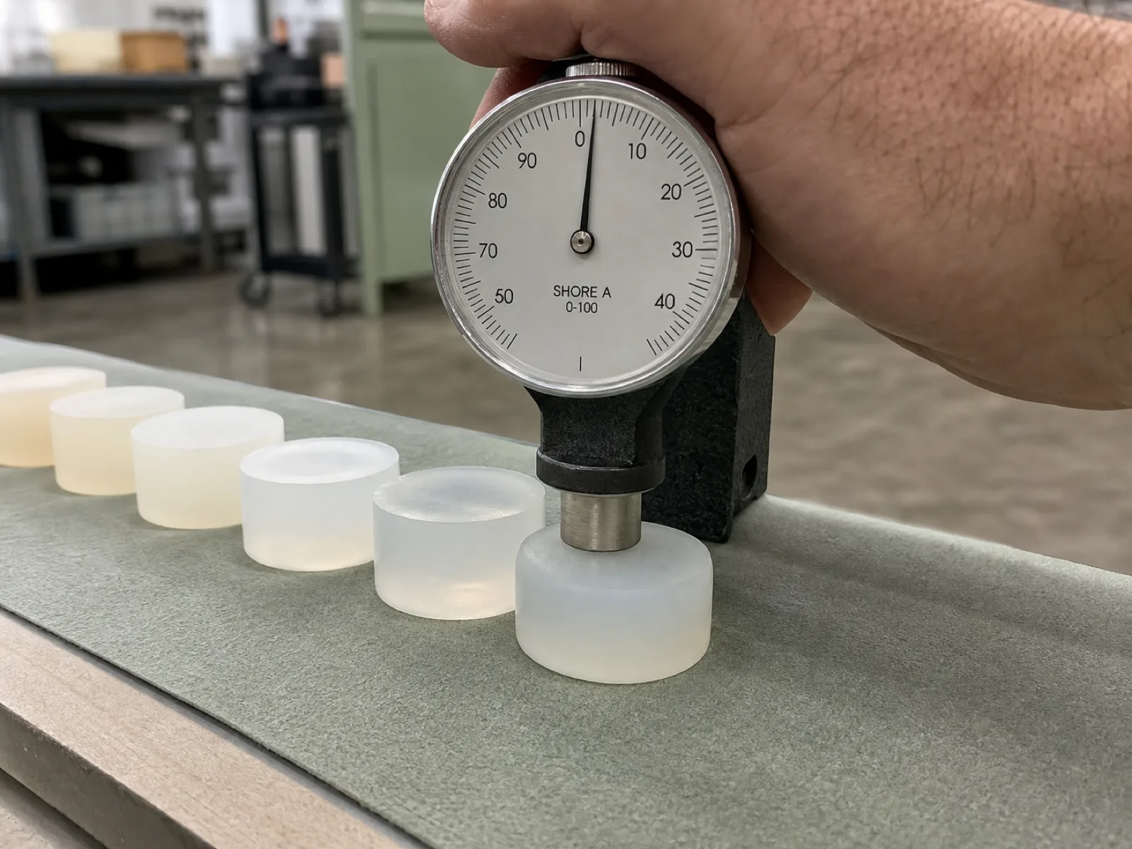 Analog durometer pressed onto a row of graduated translucent silicone samples on a QC bench, measuring Shore A hardness across LSR and HCR cured pucks