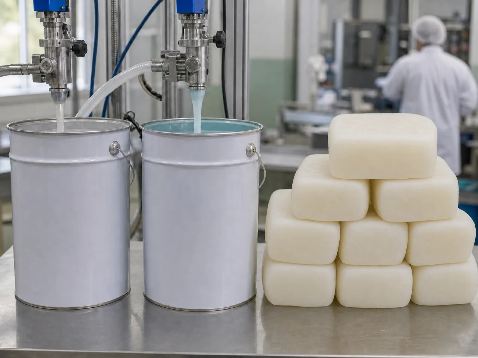 Two-part LSR silicone pails with pump lines beside stacked translucent HCR silicone gum blocks on a QC bench, showing the physical-form contrast between liquid silicone rubber and high-consistency rubber
