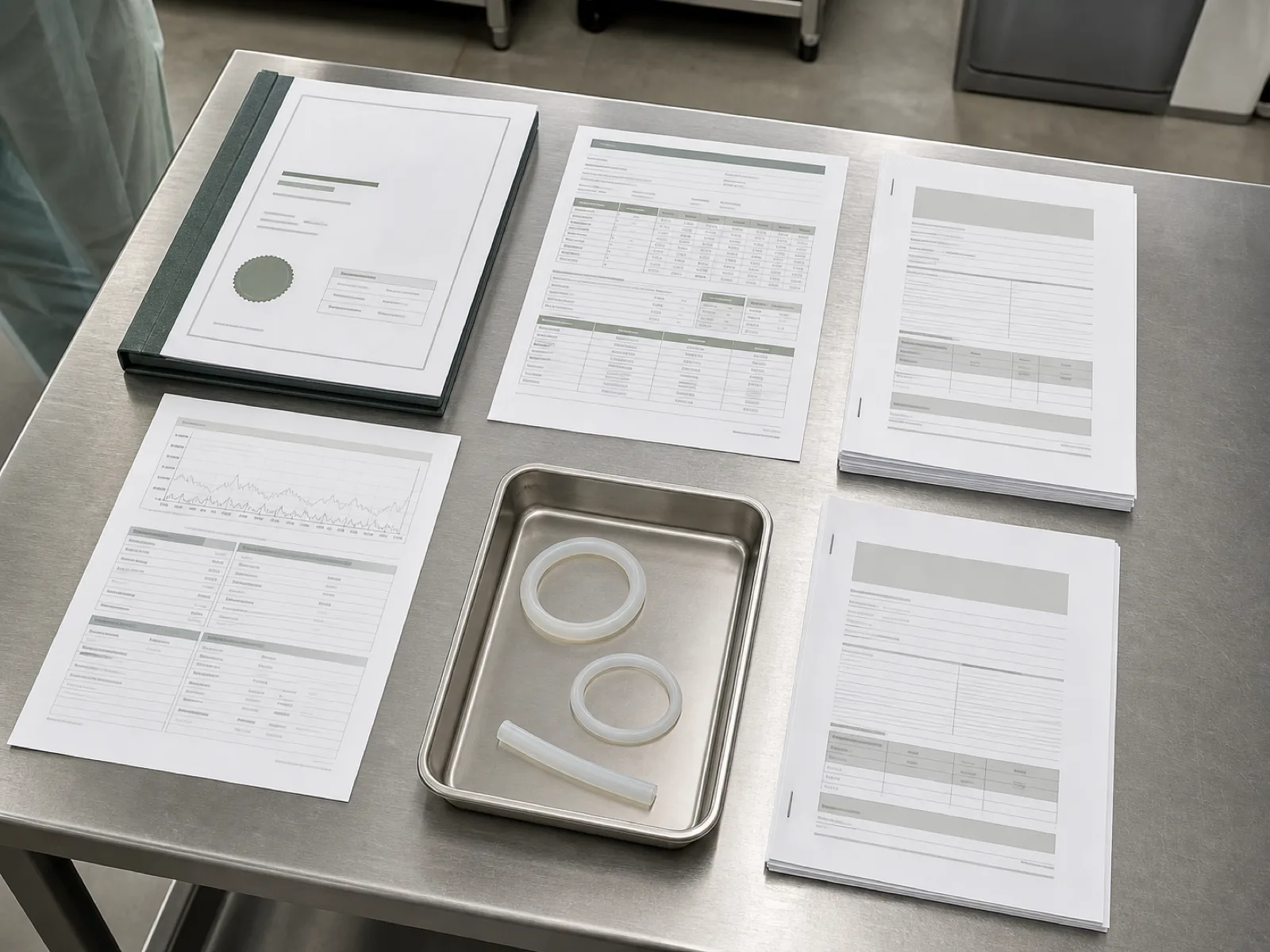 Medical grade silicone rubber supplier certification stack — ISO 13485 certificate, USP Class VI raw-material Certificate of Analysis with lot number, ISO 10993-5 cytotoxicity test report, ISO 10993-10 sensitization test report, ISO 14644-1 Class 7 cleanroom particulate monitoring log, and platinum-cure master-batch attestation staged on a stainless QC bench