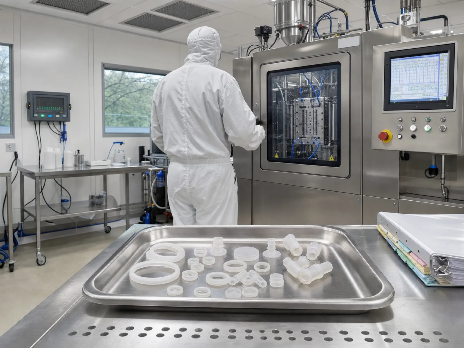 Medical grade silicone rubber supplier cleanroom — ISO Class 7 injection molding cell running platinum-cured LSR, gowned technician back-visible operating a cold-runner tool, matte-satin translucent silicone components on stainless tray, USP Class VI and ISO 10993 documentation binder in foreground