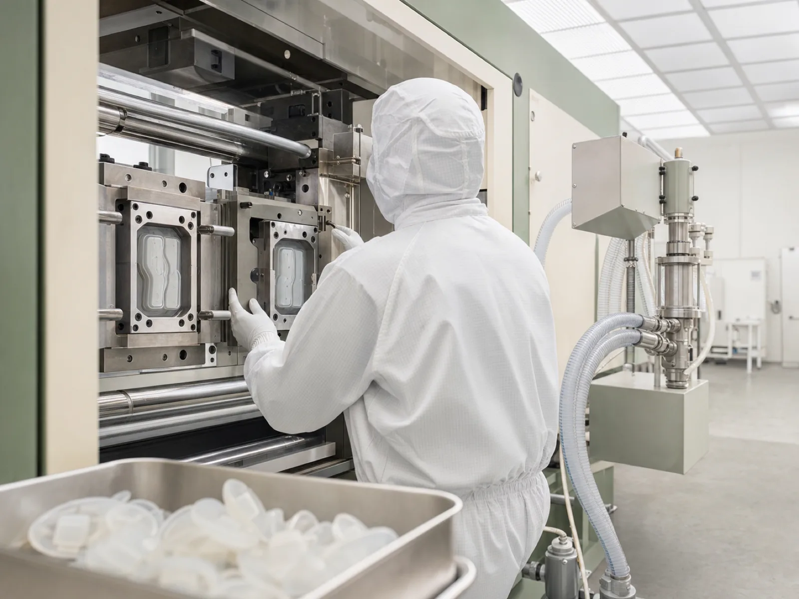 Interior of an ISO Class 7 cleanroom housing a platinum-cured LSR injection molding cell producing medical silicone components, gowned technician visible from the back inspecting a mold cavity