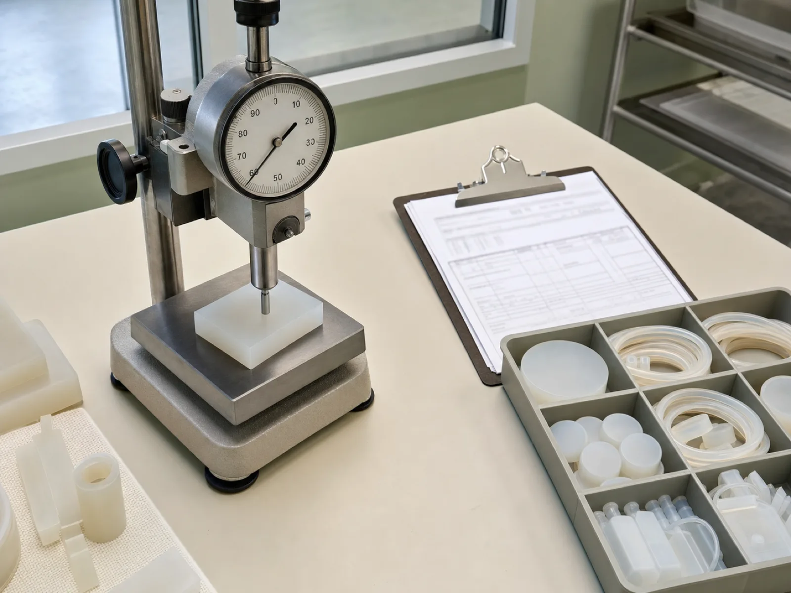 Durometer hardness QC bench inside a cleanroom-adjacent lab, matte platinum-cured silicone medical component fixtured under a Shore A durometer probe next to USP Class VI test paperwork