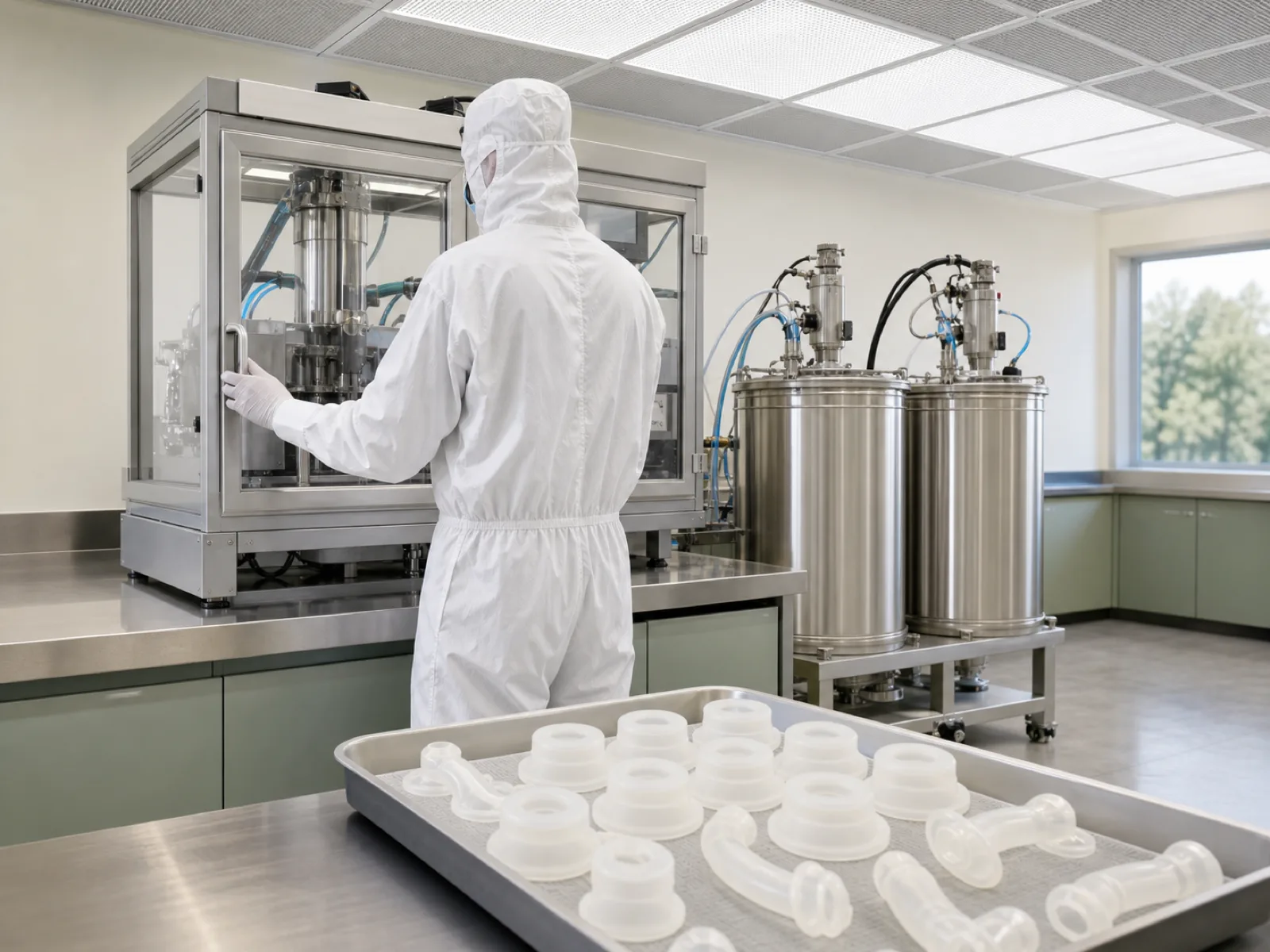 Gowned technician in bunny suit operating an LSR injection cell inside an ISO Class 7 cleanroom producing medical-grade platinum-cured silicone components on a stainless bench