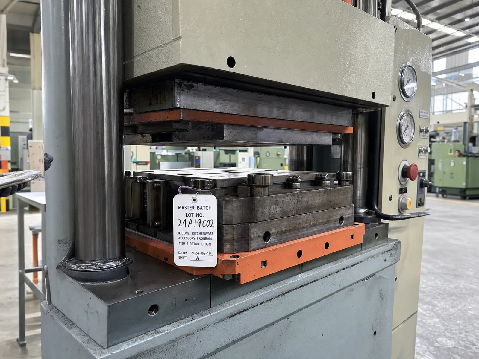 Wetop Silicone compression molding press mid-cycle with the master-batch lot number tag visible on the mold platen, running a Tier 2 retail chain silicone kitchenware accessory program
