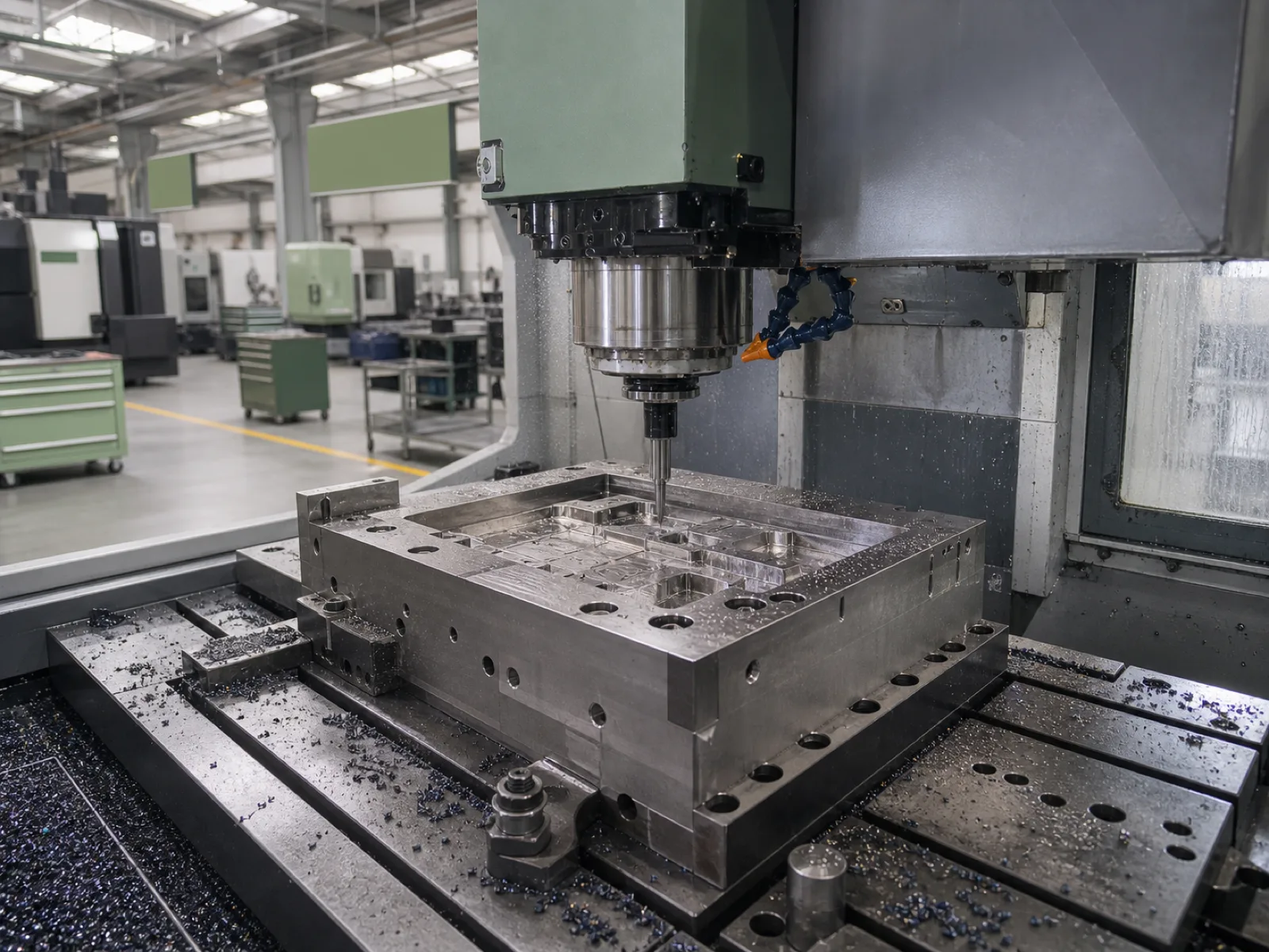 Wetop Silicone in-house mold workshop with a 5-axis CNC cutting a P20 hardened steel mold cavity for a Tier 2 retail chain silicone drying rack program